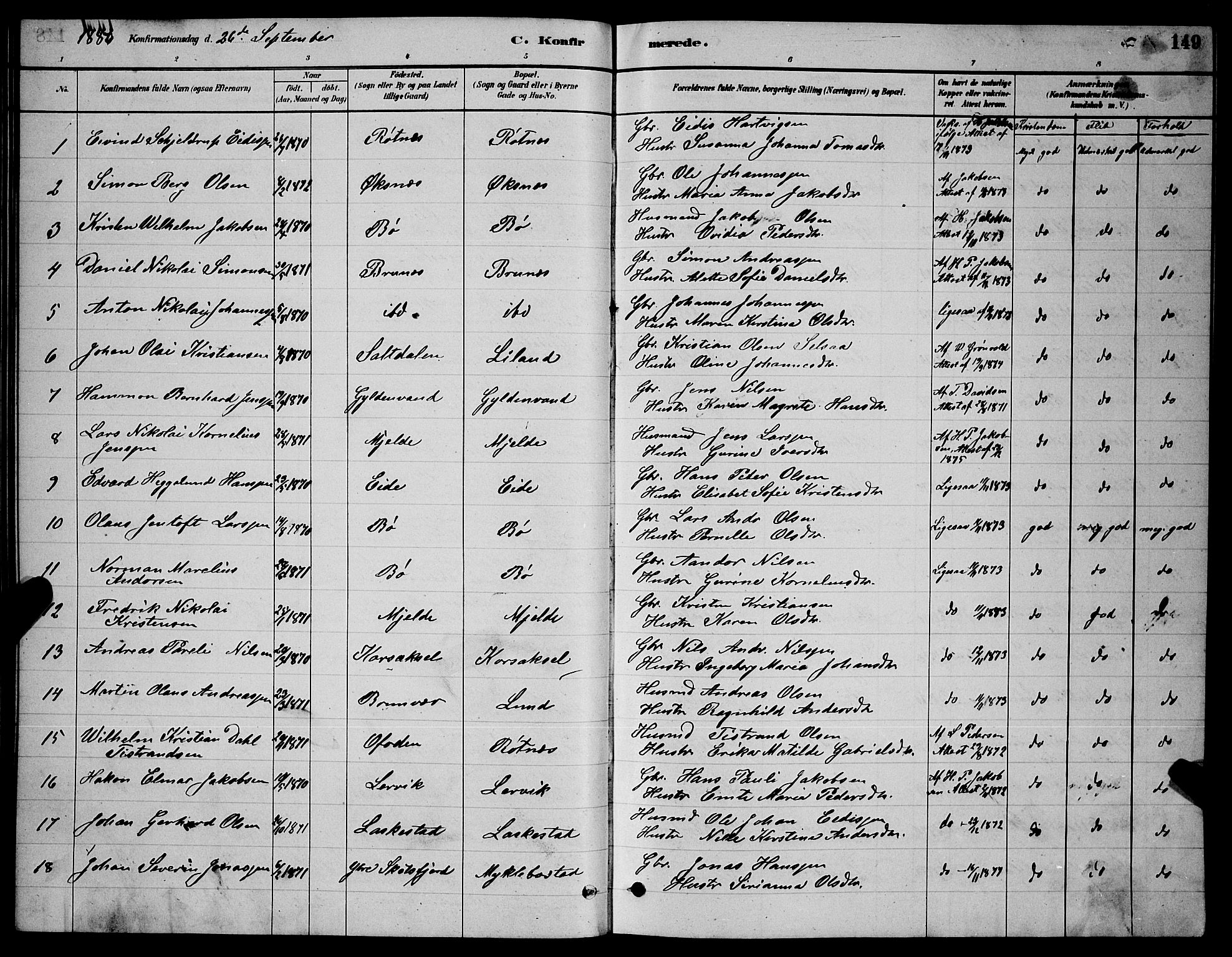 Ministerialprotokoller, klokkerbøker og fødselsregistre - Nordland, SAT/A-1459/855/L0816: Klokkerbok nr. 855C05, 1879-1894, s. 149