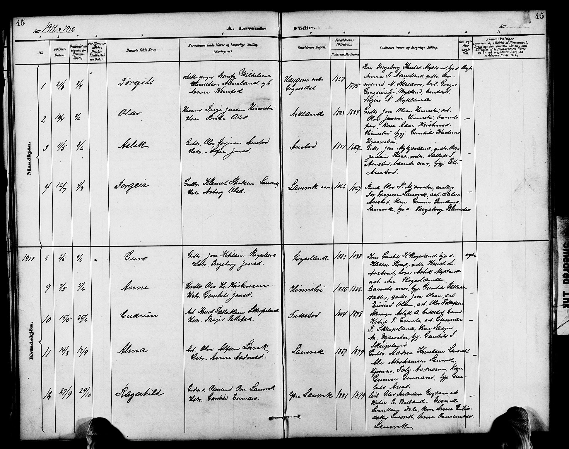 Herefoss sokneprestkontor, AV/SAK-1111-0019/F/Fb/Fbc/L0003: Klokkerbok nr. B 3, 1887-1915, s. 45