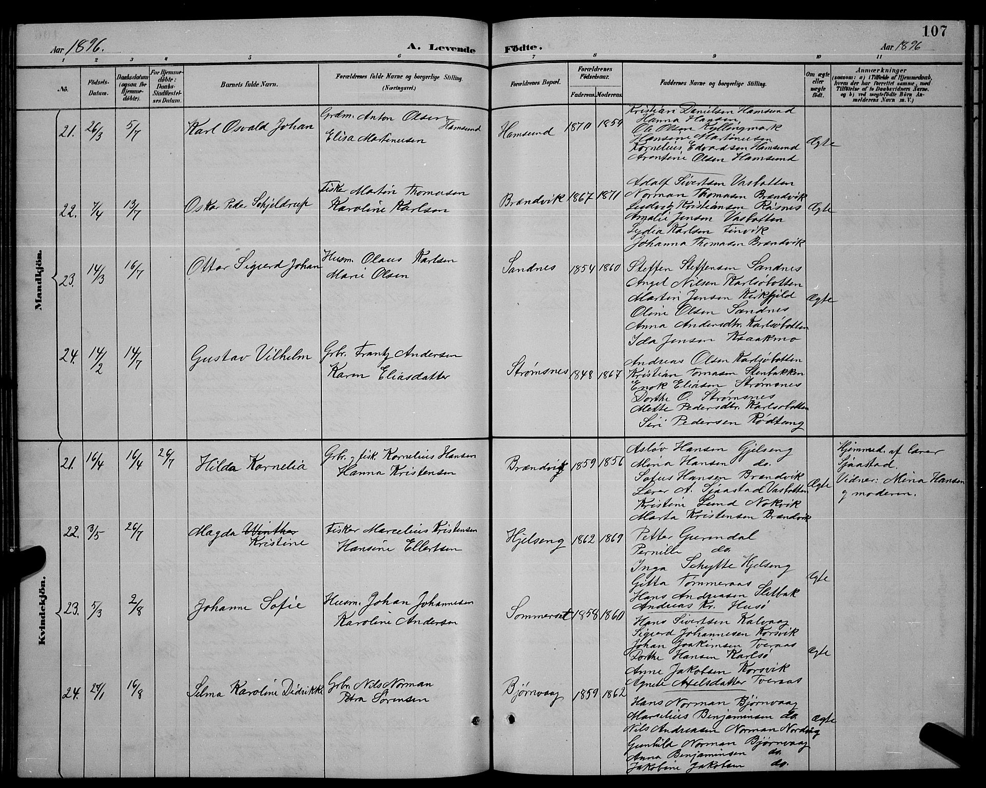 Ministerialprotokoller, klokkerbøker og fødselsregistre - Nordland, AV/SAT-A-1459/859/L0859: Klokkerbok nr. 859C05, 1887-1898, s. 107