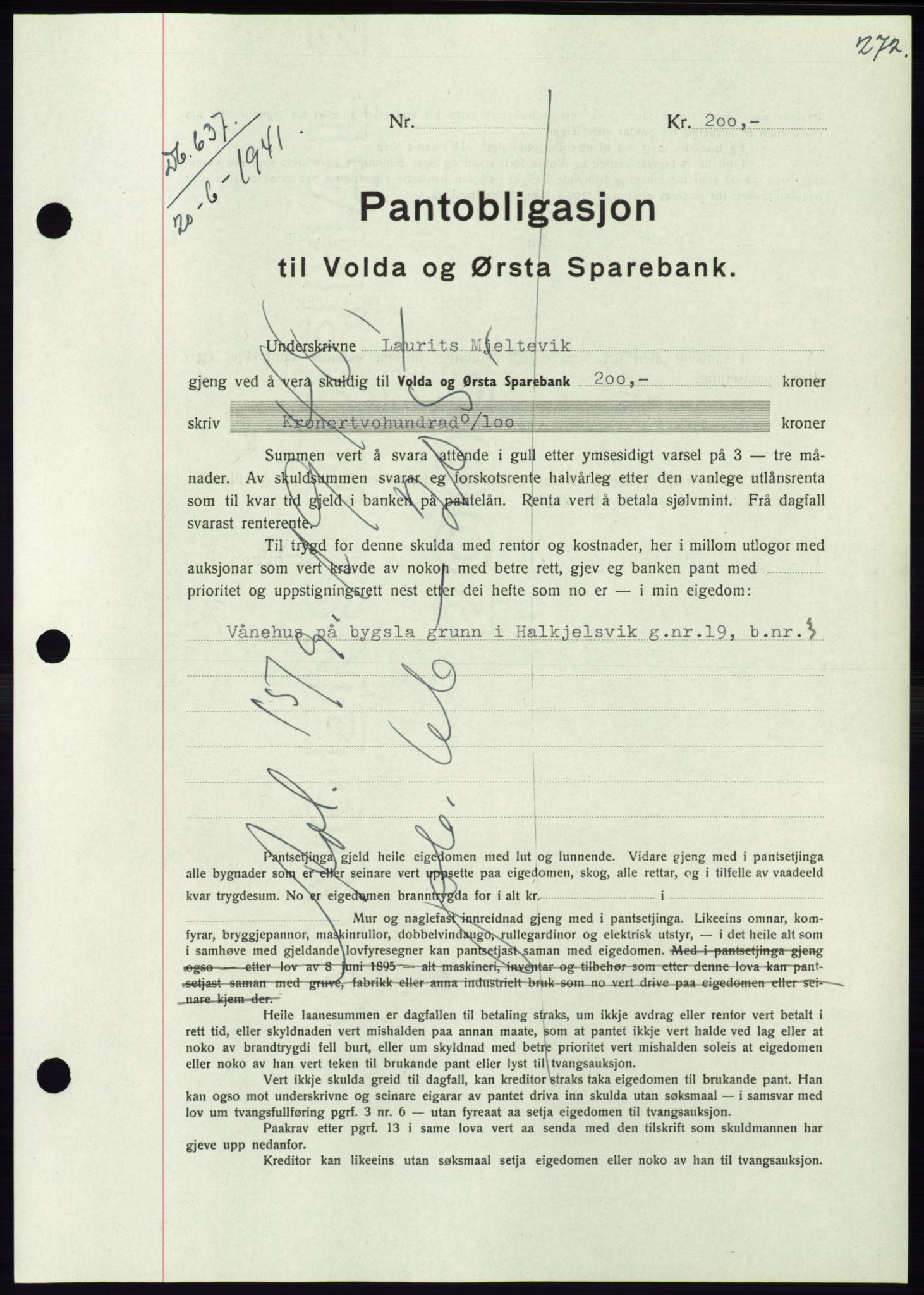 Søre Sunnmøre sorenskriveri, AV/SAT-A-4122/1/2/2C/L0071: Pantebok nr. 65, 1941-1941, Dagboknr: 637/1941