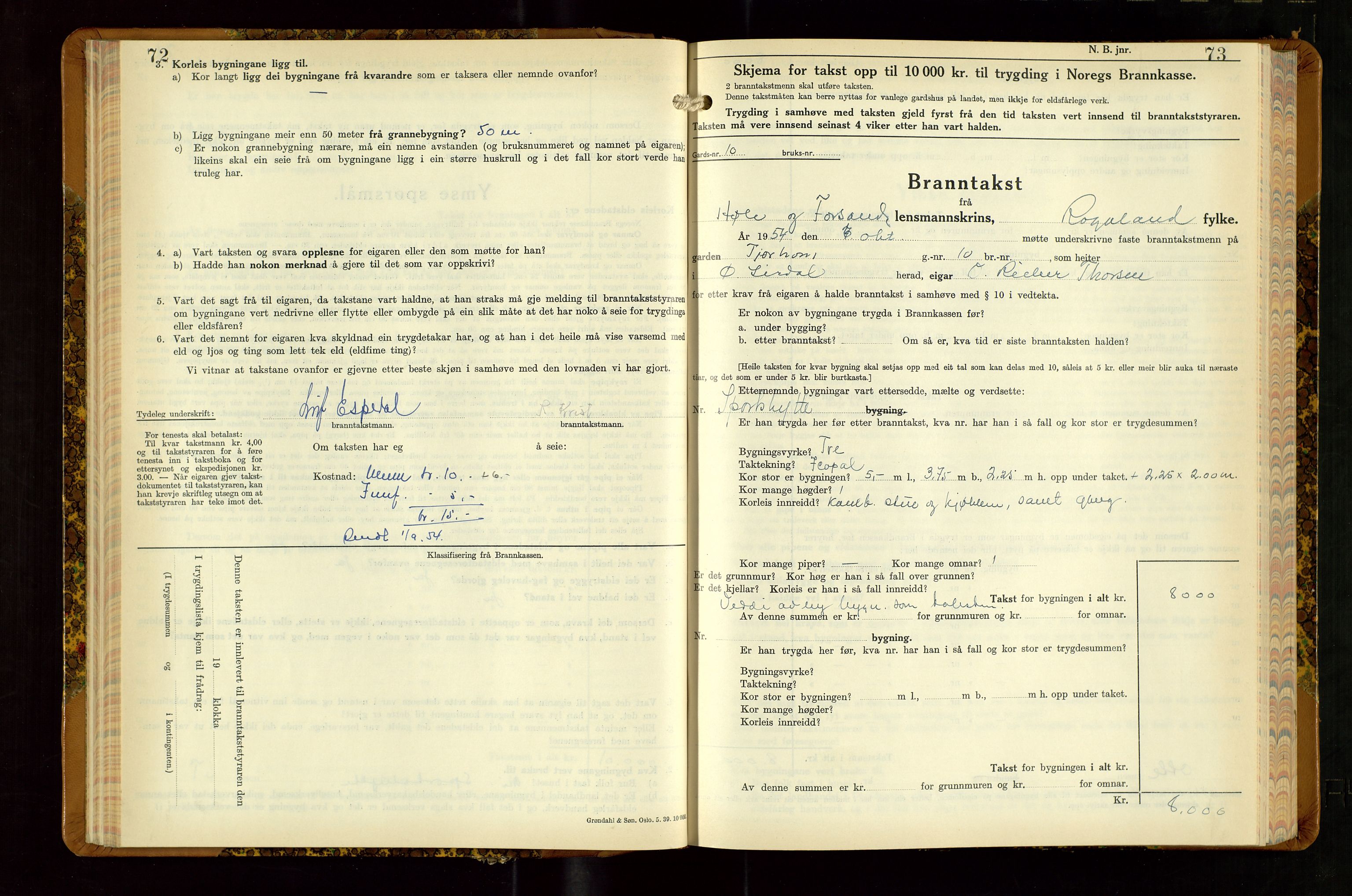 Høle og Forsand lensmannskontor, AV/SAST-A-100127/Gob/L0002: "Branntakstbok" - skjematakst, 1941-1955, s. 72-73