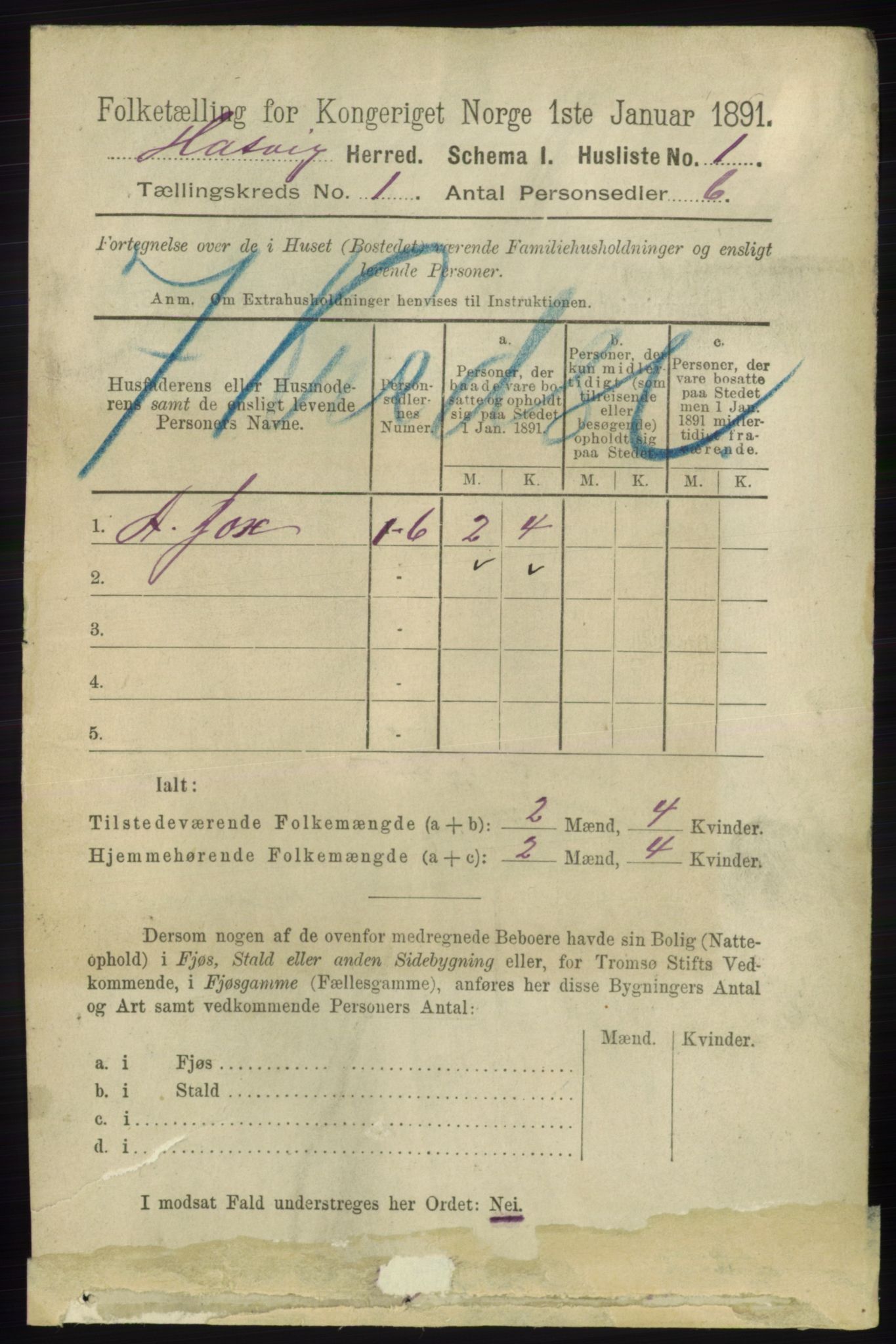 RA, Folketelling 1891 for 2015 Hasvik herred, 1891, s. 21