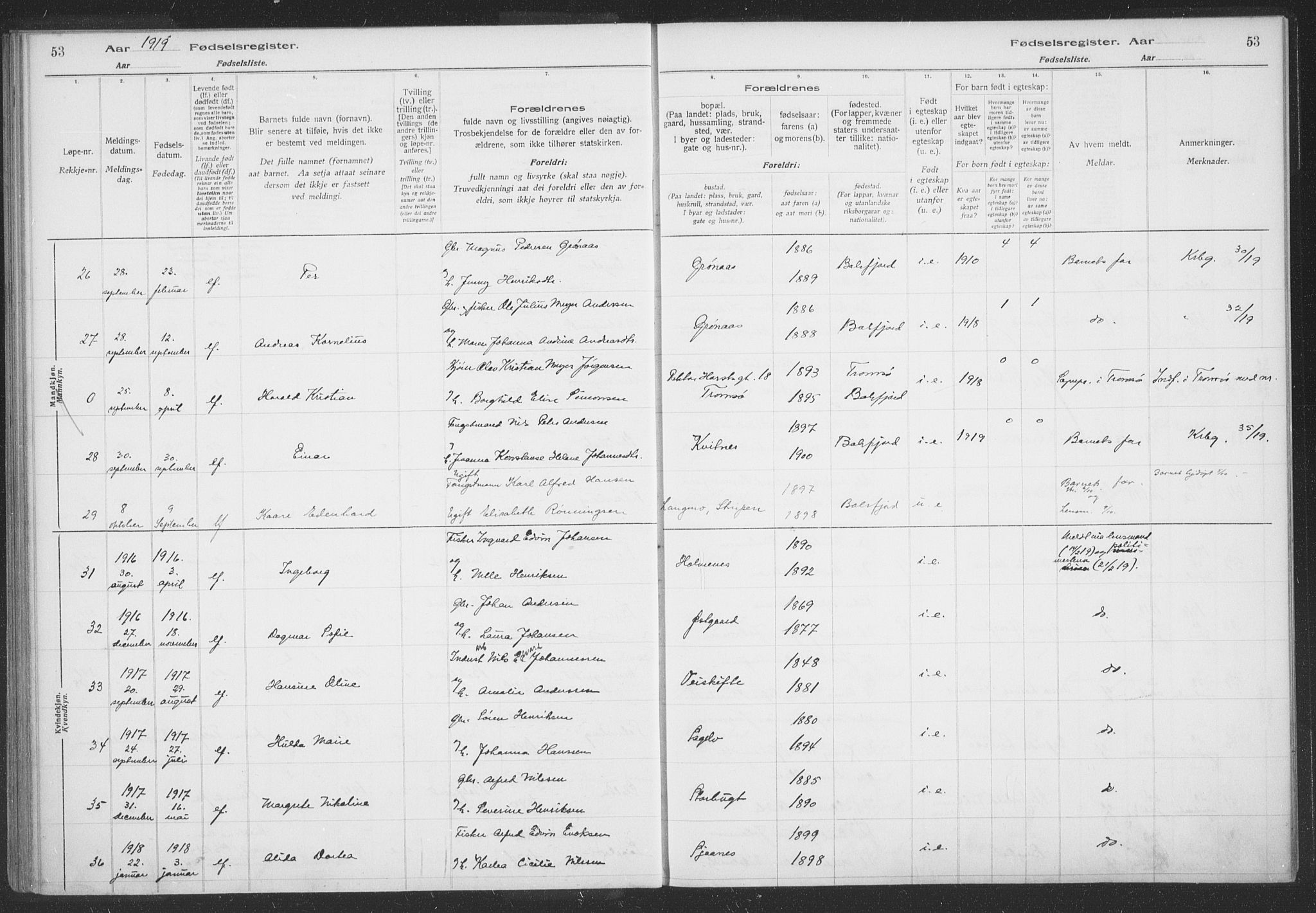 Balsfjord sokneprestembete, AV/SATØ-S-1303/H/Hb/L0059: Fødselsregister nr. 59, 1916-1930, s. 53