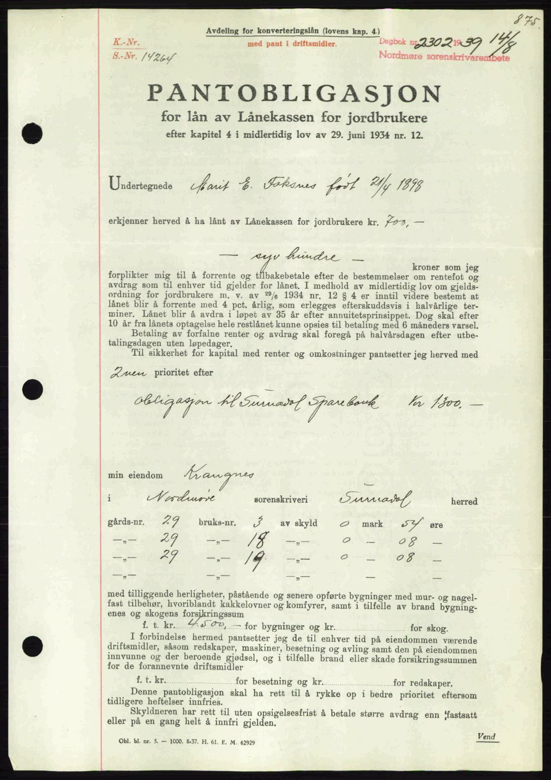 Nordmøre sorenskriveri, SAT/A-4132/1/2/2Ca: Pantebok nr. B85, 1939-1939, Dagboknr: 2302/1939