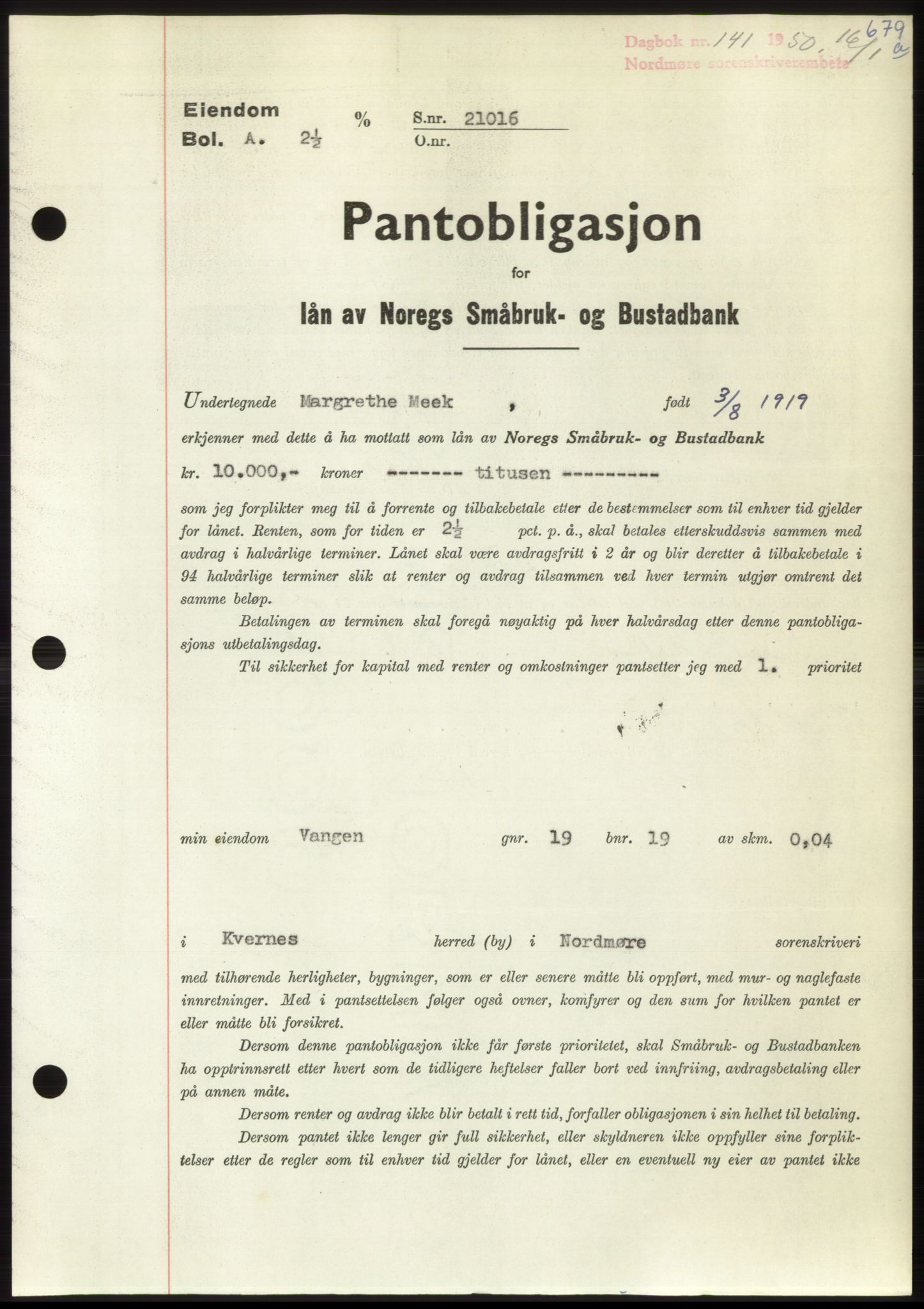 Nordmøre sorenskriveri, AV/SAT-A-4132/1/2/2Ca: Pantebok nr. B103, 1949-1950, Dagboknr: 141/1950