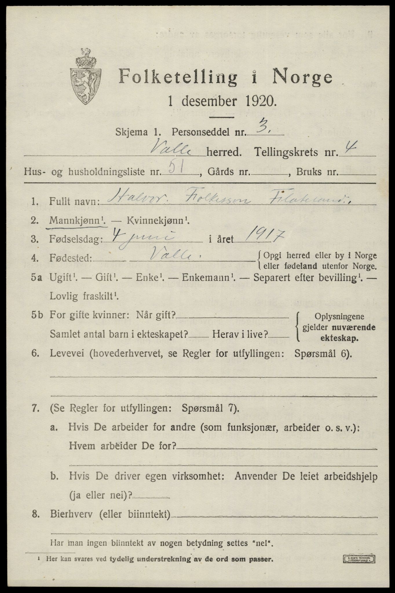 SAK, Folketelling 1920 for 0940 Valle herred, 1920, s. 2537