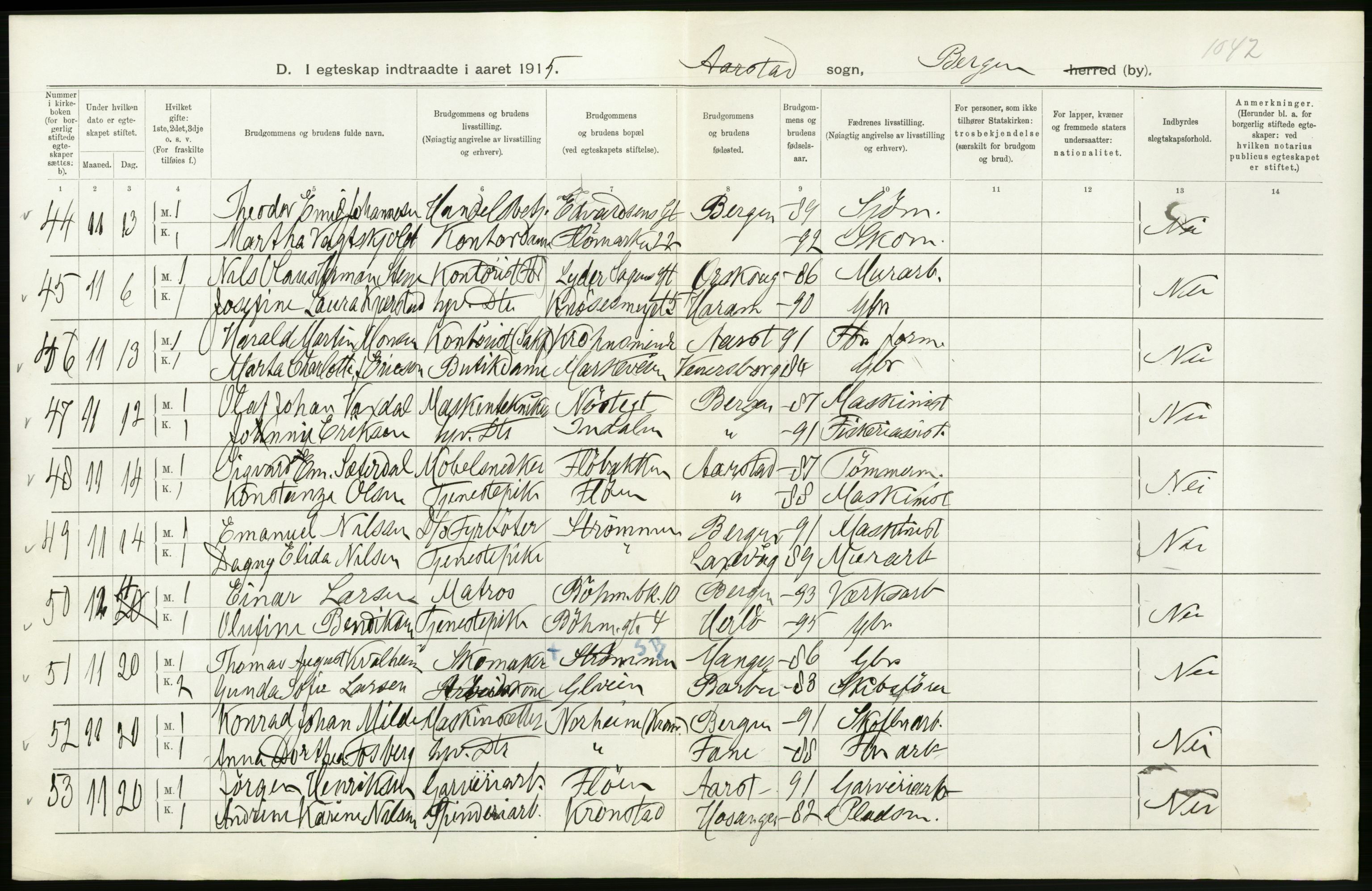 Statistisk sentralbyrå, Sosiodemografiske emner, Befolkning, AV/RA-S-2228/D/Df/Dfb/Dfbe/L0034: Bergen: Gifte, døde, dødfødte., 1915, s. 10