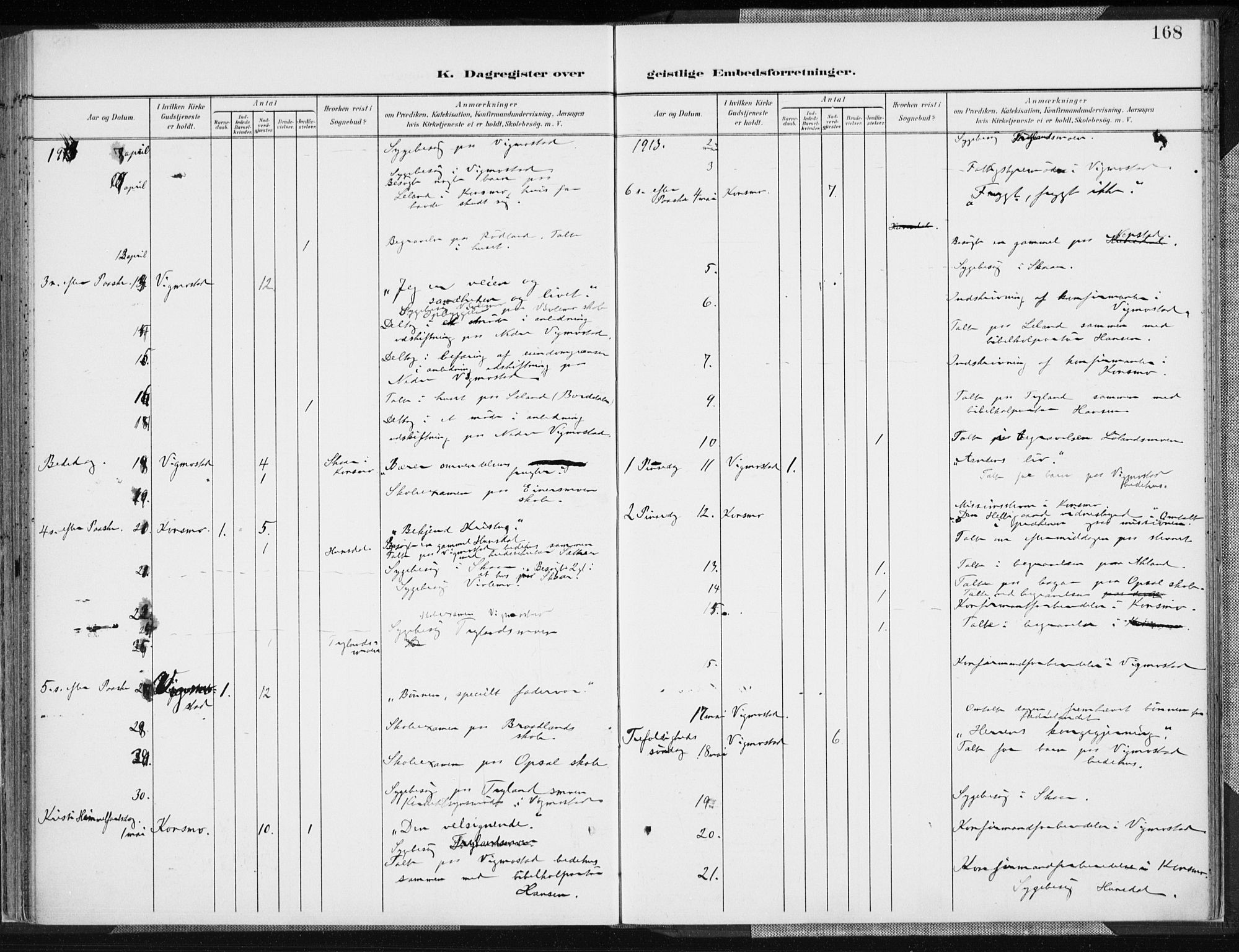 Nord-Audnedal sokneprestkontor, AV/SAK-1111-0032/F/Fa/Fab/L0004: Ministerialbok nr. A 4, 1901-1917, s. 168