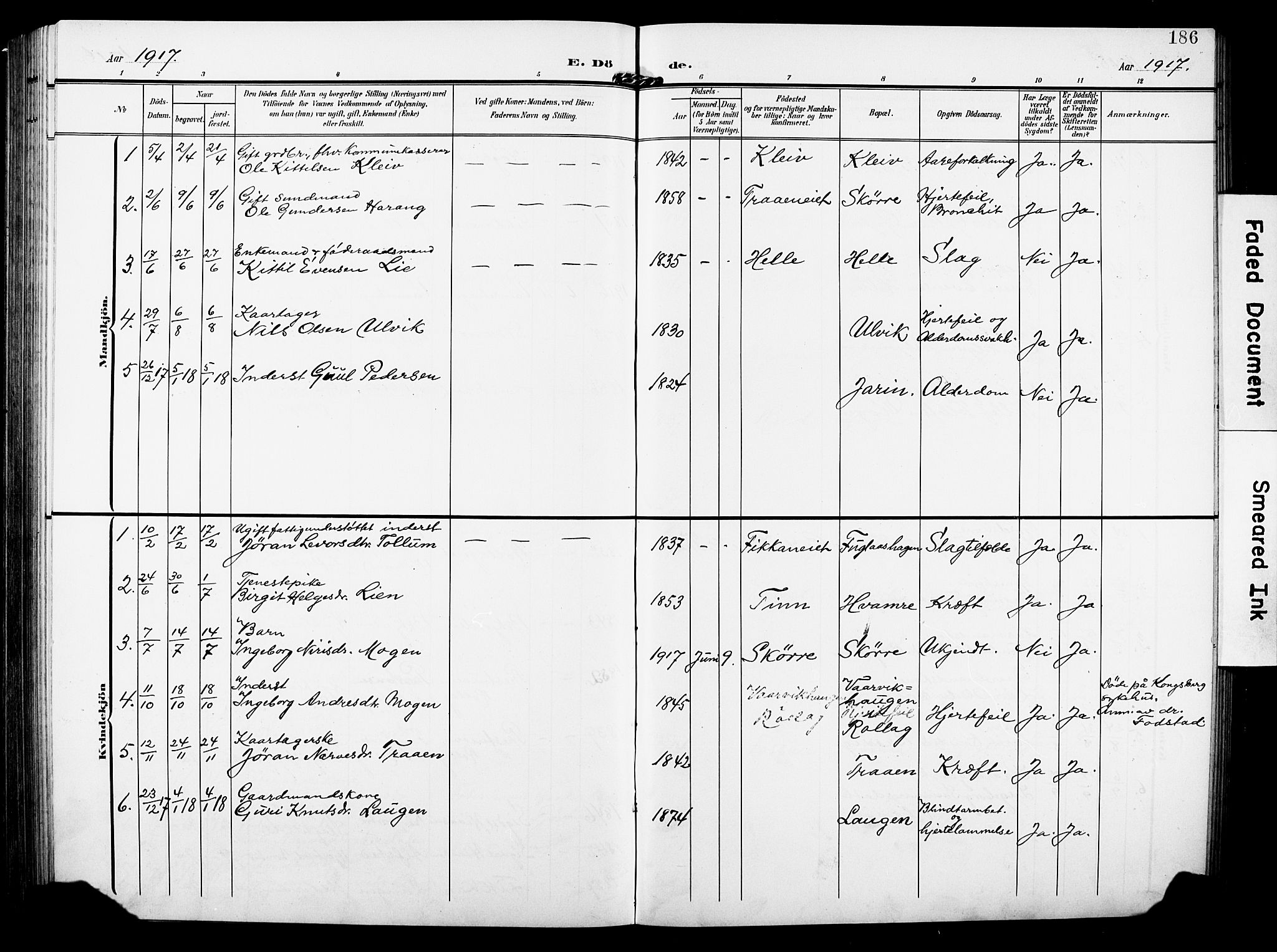Rollag kirkebøker, AV/SAKO-A-240/G/Ga/L0005: Klokkerbok nr. I 5, 1904-1932, s. 186