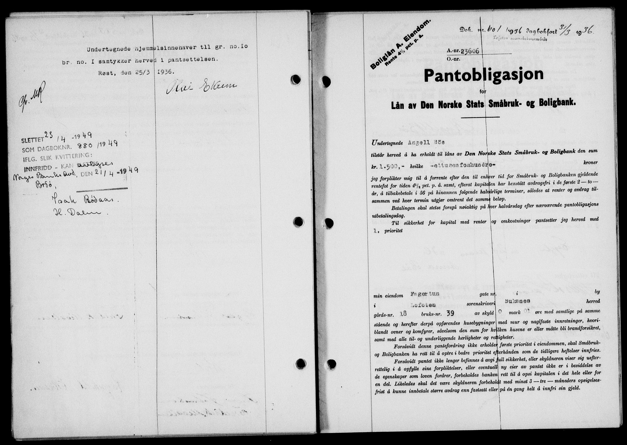 Lofoten sorenskriveri, SAT/A-0017/1/2/2C/L0033b: Pantebok nr. 33b, 1936-1936, Dagboknr: 601/1936
