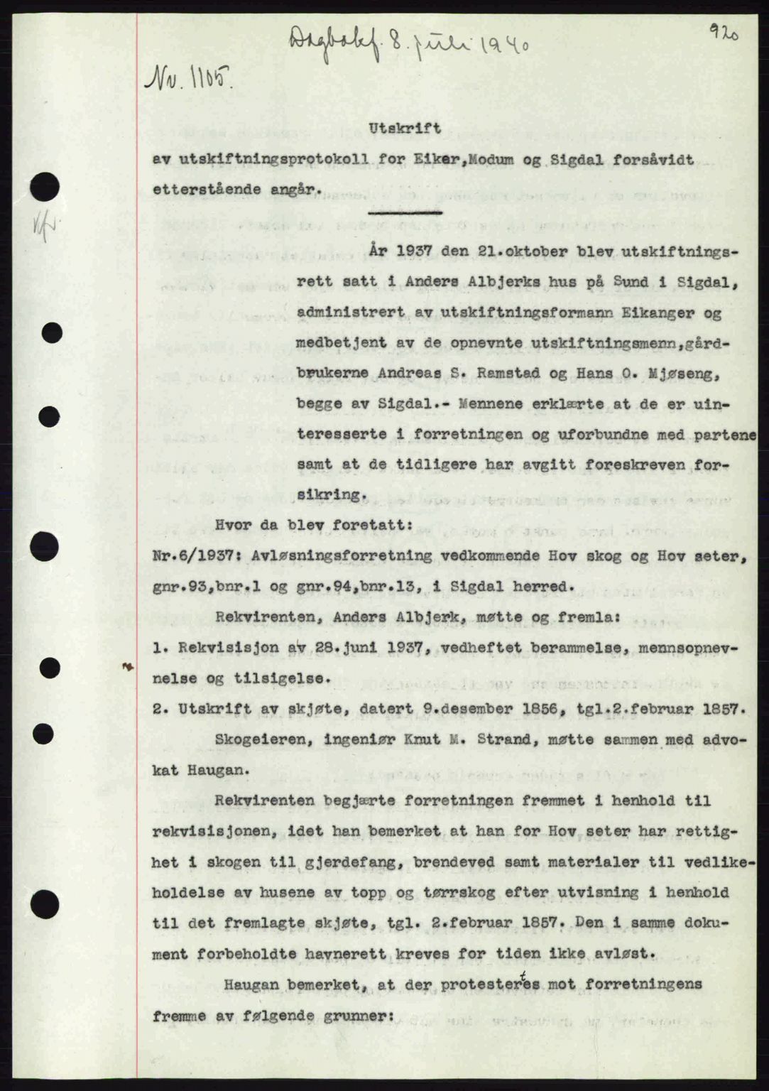 Eiker, Modum og Sigdal sorenskriveri, SAKO/A-123/G/Ga/Gab/L0041: Pantebok nr. A11, 1939-1940, Dagboknr: 1105/1940