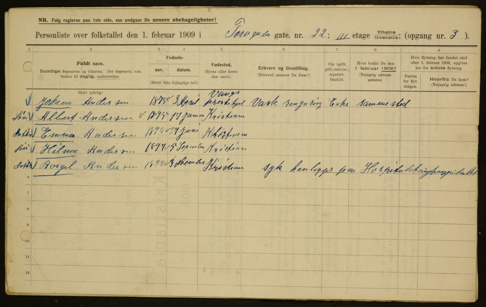 OBA, Kommunal folketelling 1.2.1909 for Kristiania kjøpstad, 1909, s. 103498