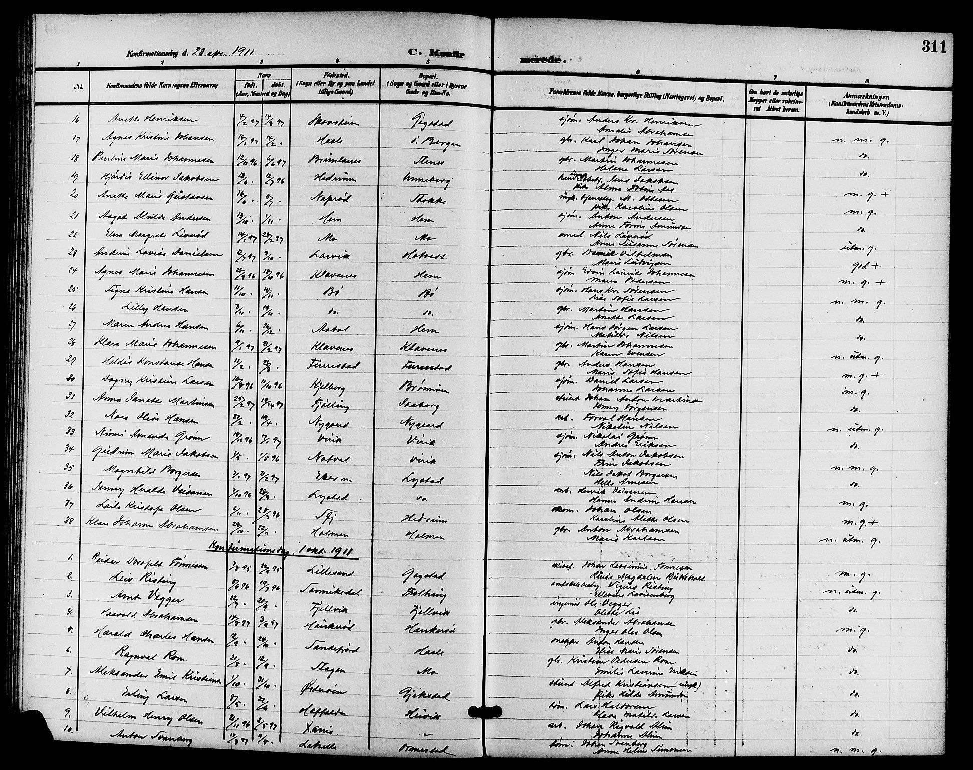 Sandar kirkebøker, AV/SAKO-A-243/G/Ga/L0002: Klokkerbok nr. 2, 1900-1915, s. 311