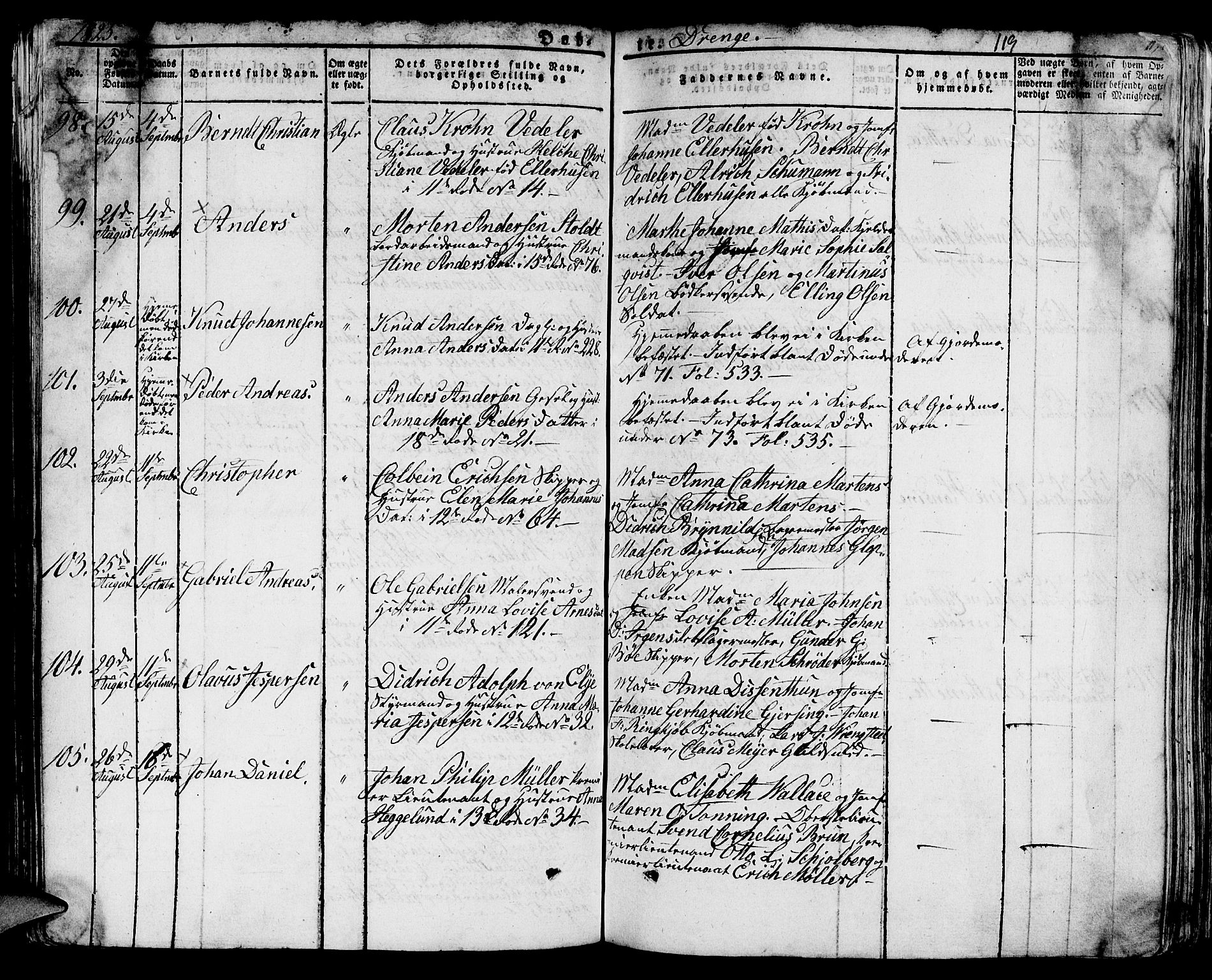 Domkirken sokneprestembete, AV/SAB-A-74801/H/Hab/L0005: Klokkerbok nr. A 5, 1821-1830, s. 119