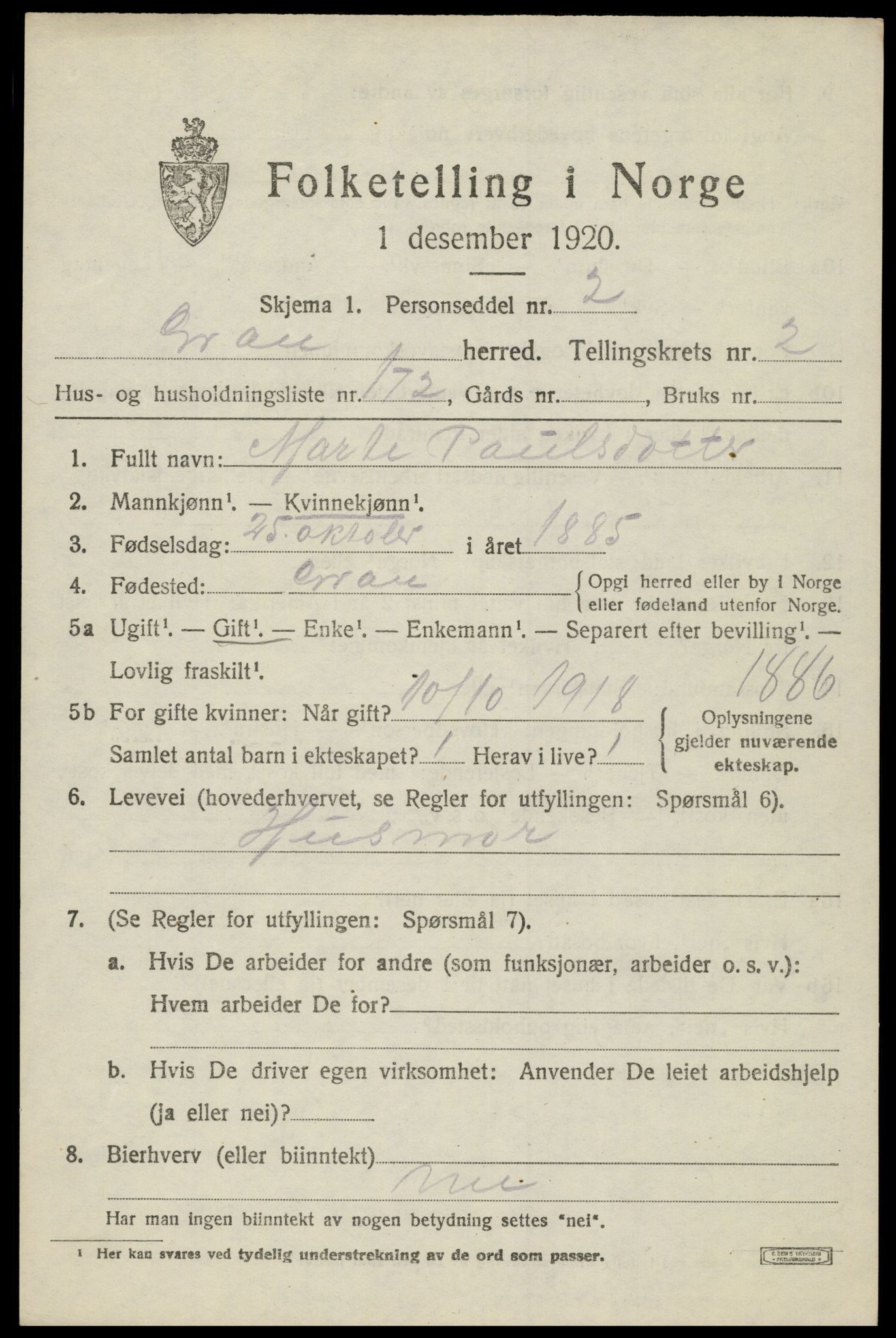 SAH, Folketelling 1920 for 0534 Gran herred, 1920, s. 5134