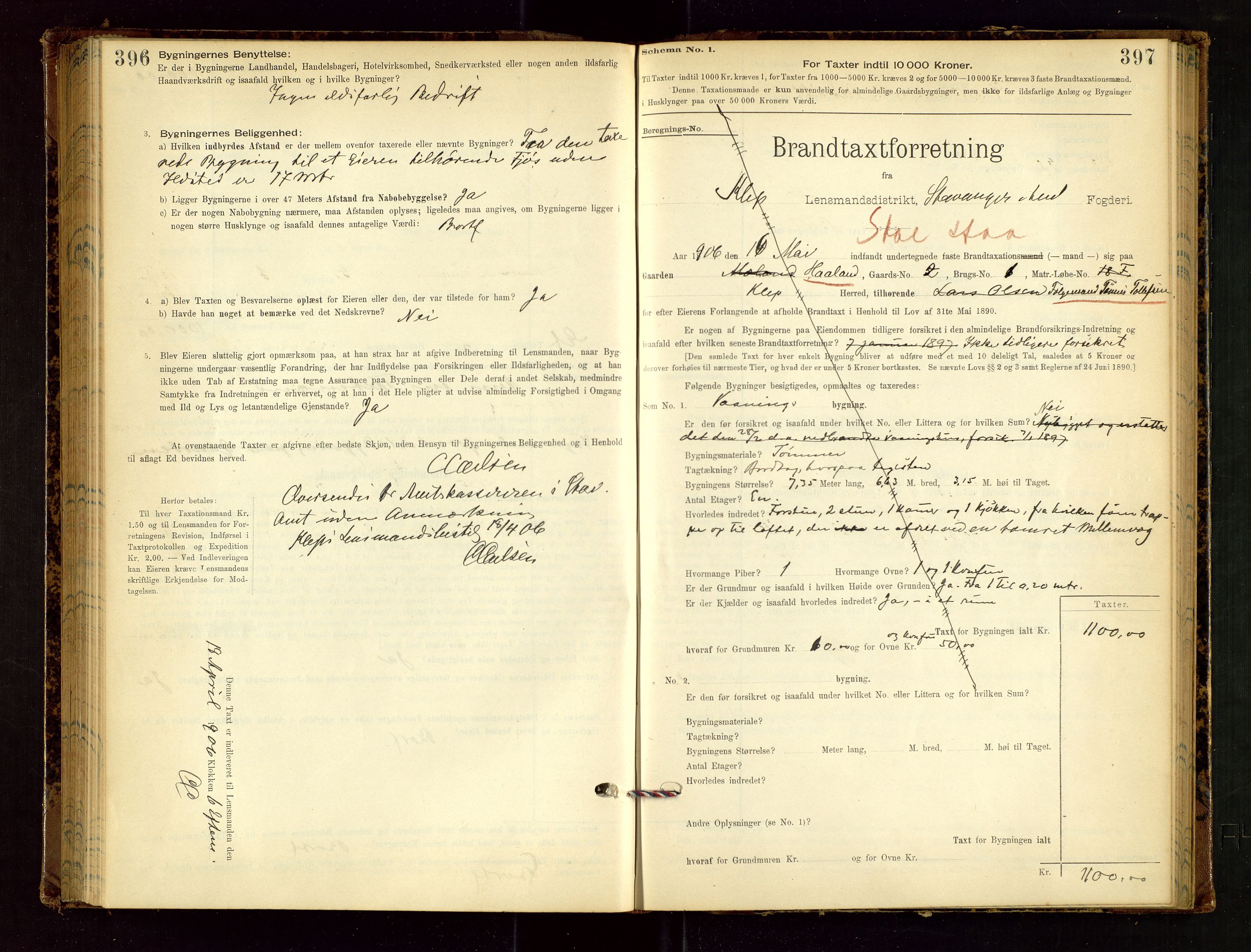 Klepp lensmannskontor, AV/SAST-A-100163/Goc/L0002: "Brandtaxationsprotokol" m/register, 1898-1902, s. 396-397