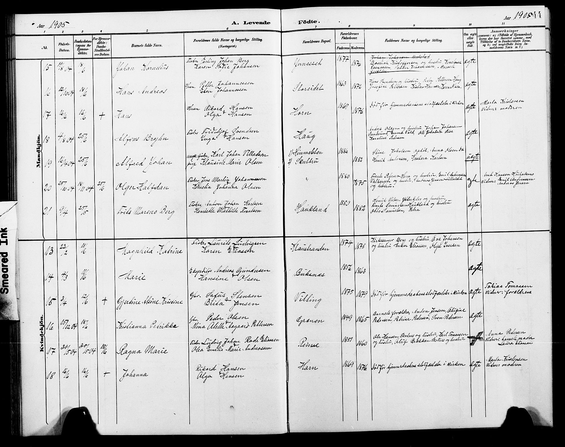 Ministerialprotokoller, klokkerbøker og fødselsregistre - Nordland, AV/SAT-A-1459/881/L1168: Klokkerbok nr. 881C05, 1900-1911, s. 44