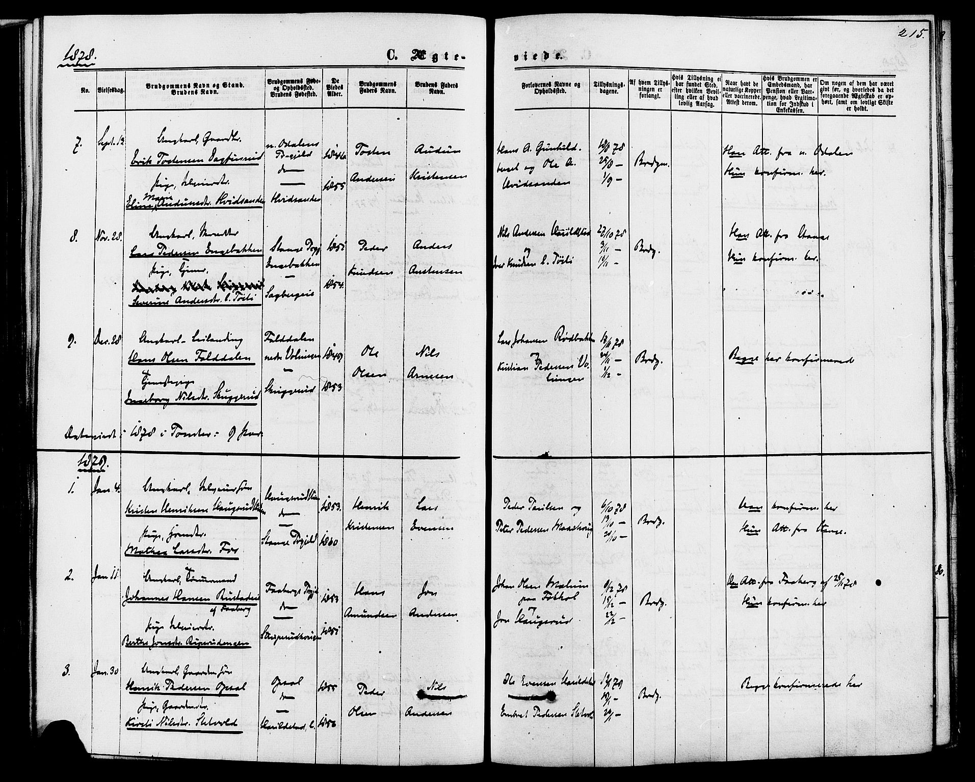 Romedal prestekontor, AV/SAH-PREST-004/K/L0006: Ministerialbok nr. 6, 1866-1886, s. 215