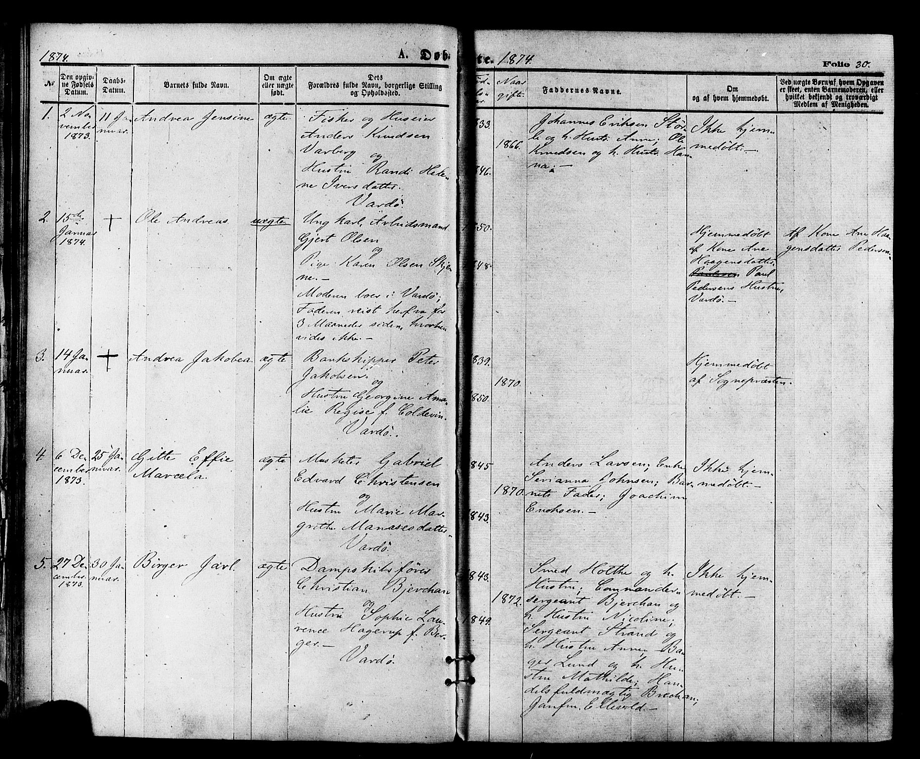Vardø sokneprestkontor, AV/SATØ-S-1332/H/Ha/L0005kirke: Ministerialbok nr. 5, 1872-1878, s. 30
