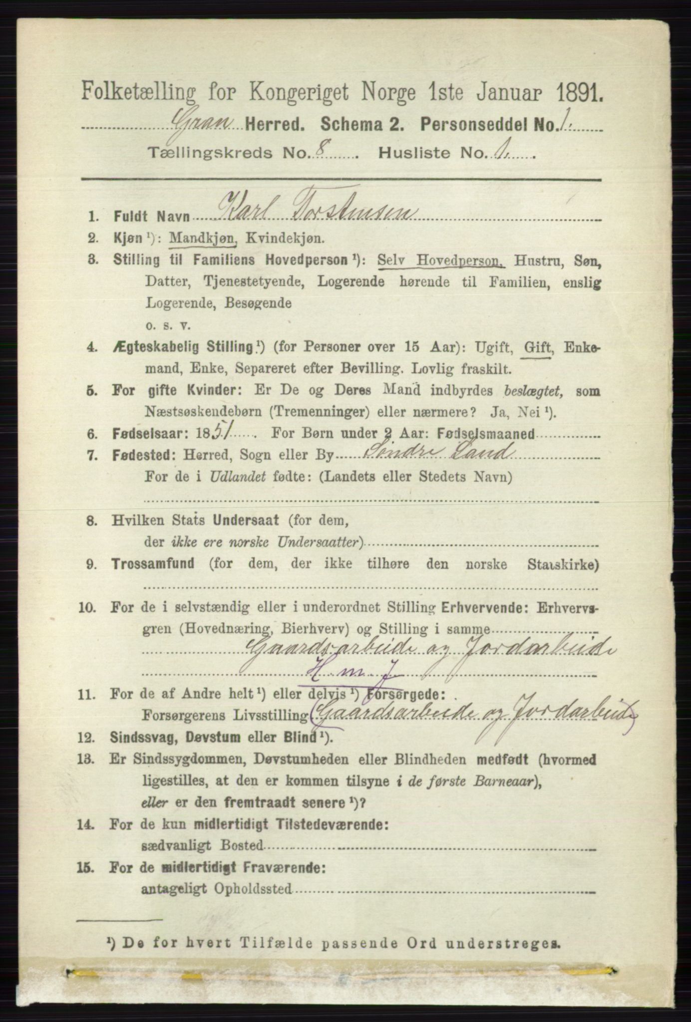 RA, Folketelling 1891 for 0534 Gran herred, 1891, s. 3347