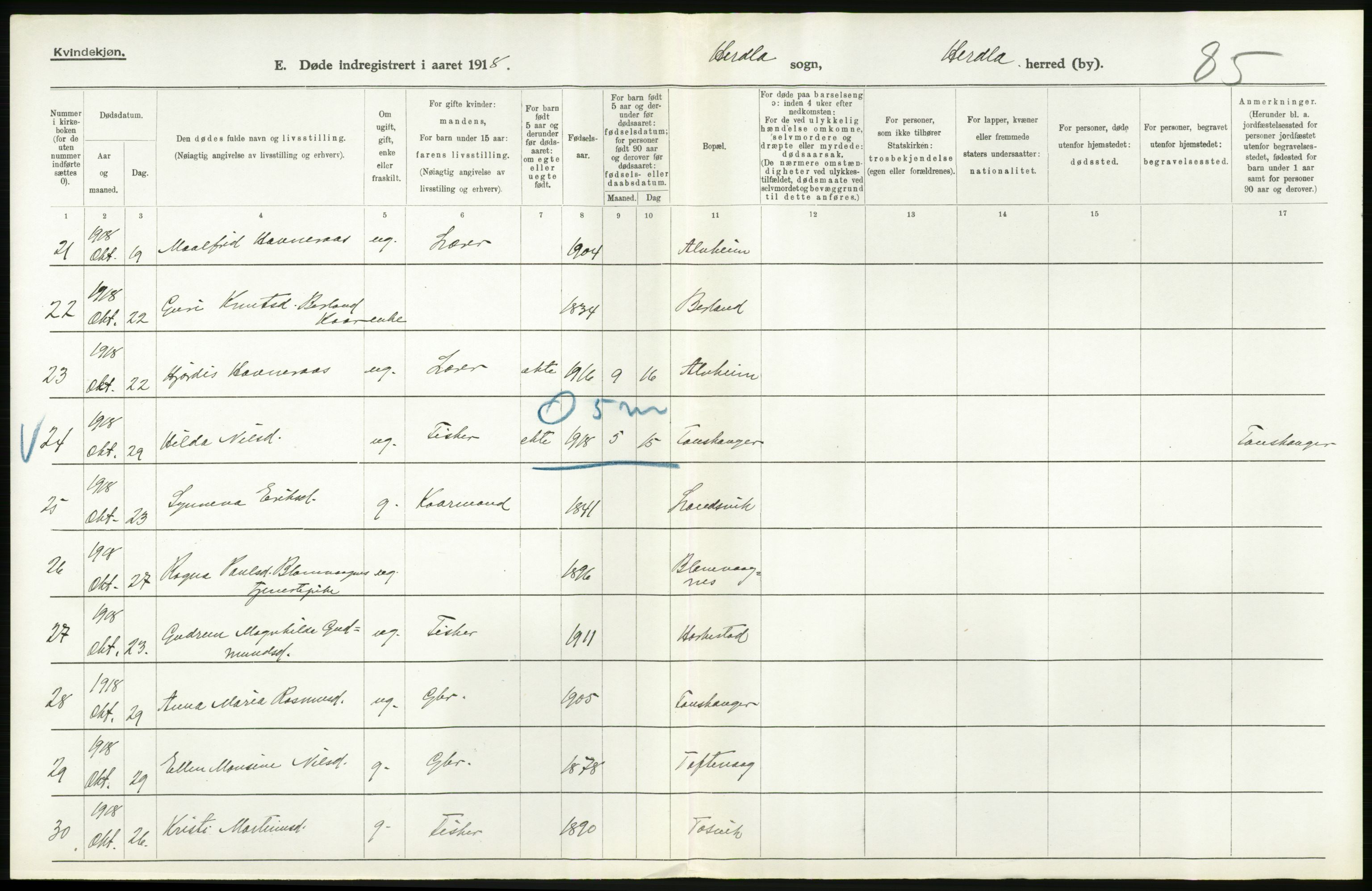 Statistisk sentralbyrå, Sosiodemografiske emner, Befolkning, AV/RA-S-2228/D/Df/Dfb/Dfbh/L0036: Hordaland fylke: Døde., 1918, s. 580