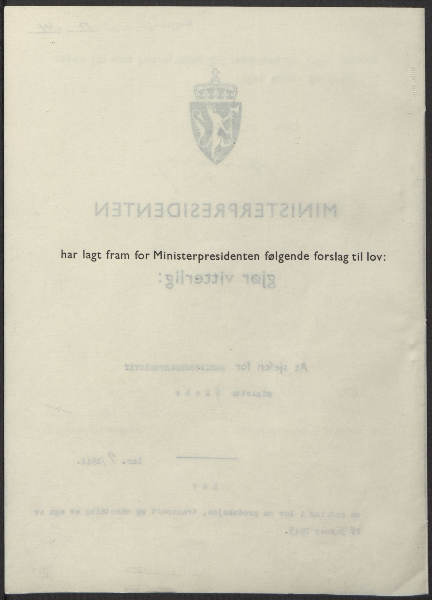 NS-administrasjonen 1940-1945 (Statsrådsekretariatet, de kommisariske statsråder mm), RA/S-4279/D/Db/L0100: Lover, 1944, s. 39