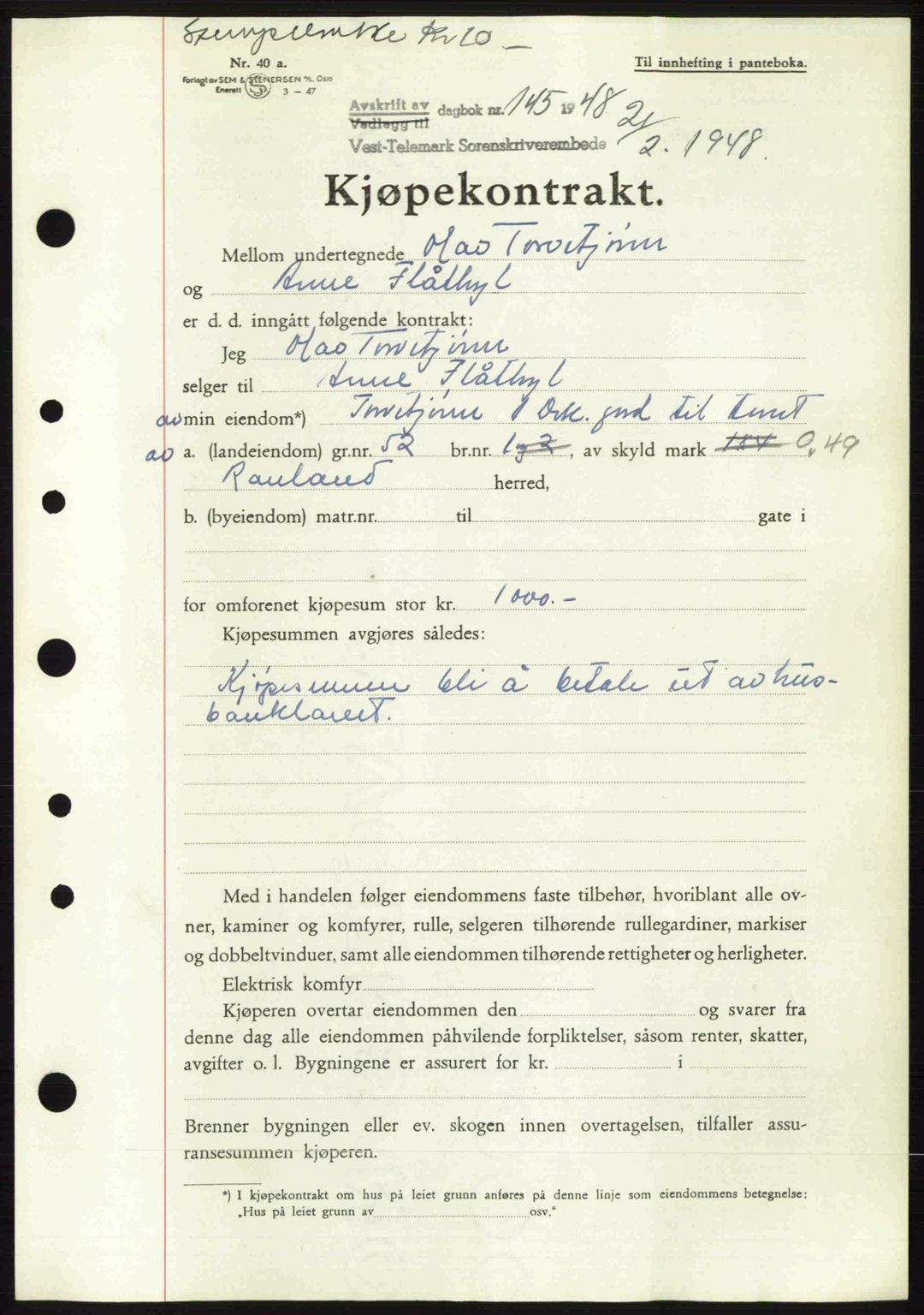 Vest-Telemark sorenskriveri, SAKO/A-134/G/Ga/Gac/L0008: Pantebok nr. A-8, 1947-1948, Dagboknr: 145/1948