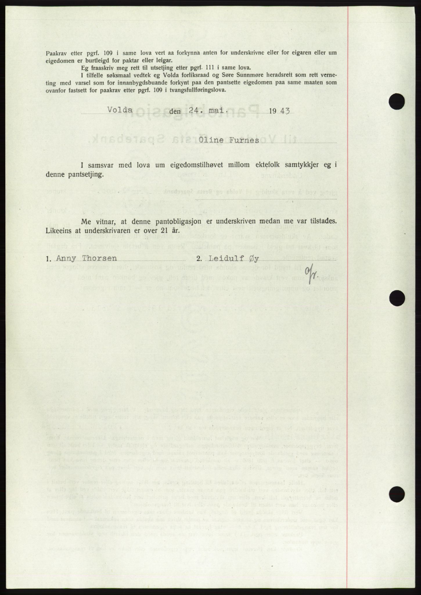 Søre Sunnmøre sorenskriveri, AV/SAT-A-4122/1/2/2C/L0114: Pantebok nr. 1-2B, 1943-1947, Dagboknr: 433/1943