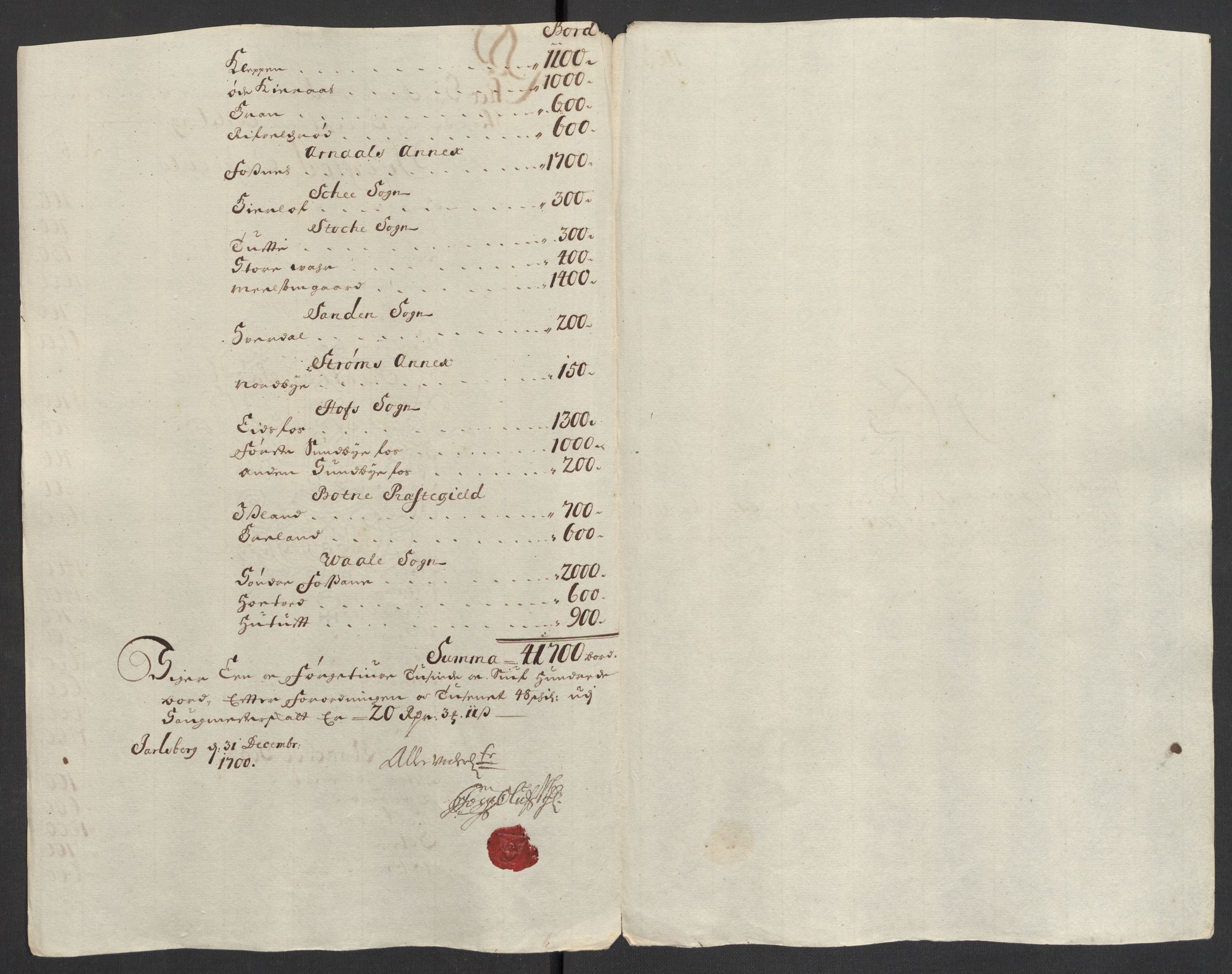 Rentekammeret inntil 1814, Reviderte regnskaper, Fogderegnskap, RA/EA-4092/R32/L1869: Fogderegnskap Jarlsberg grevskap, 1700-1701, s. 27