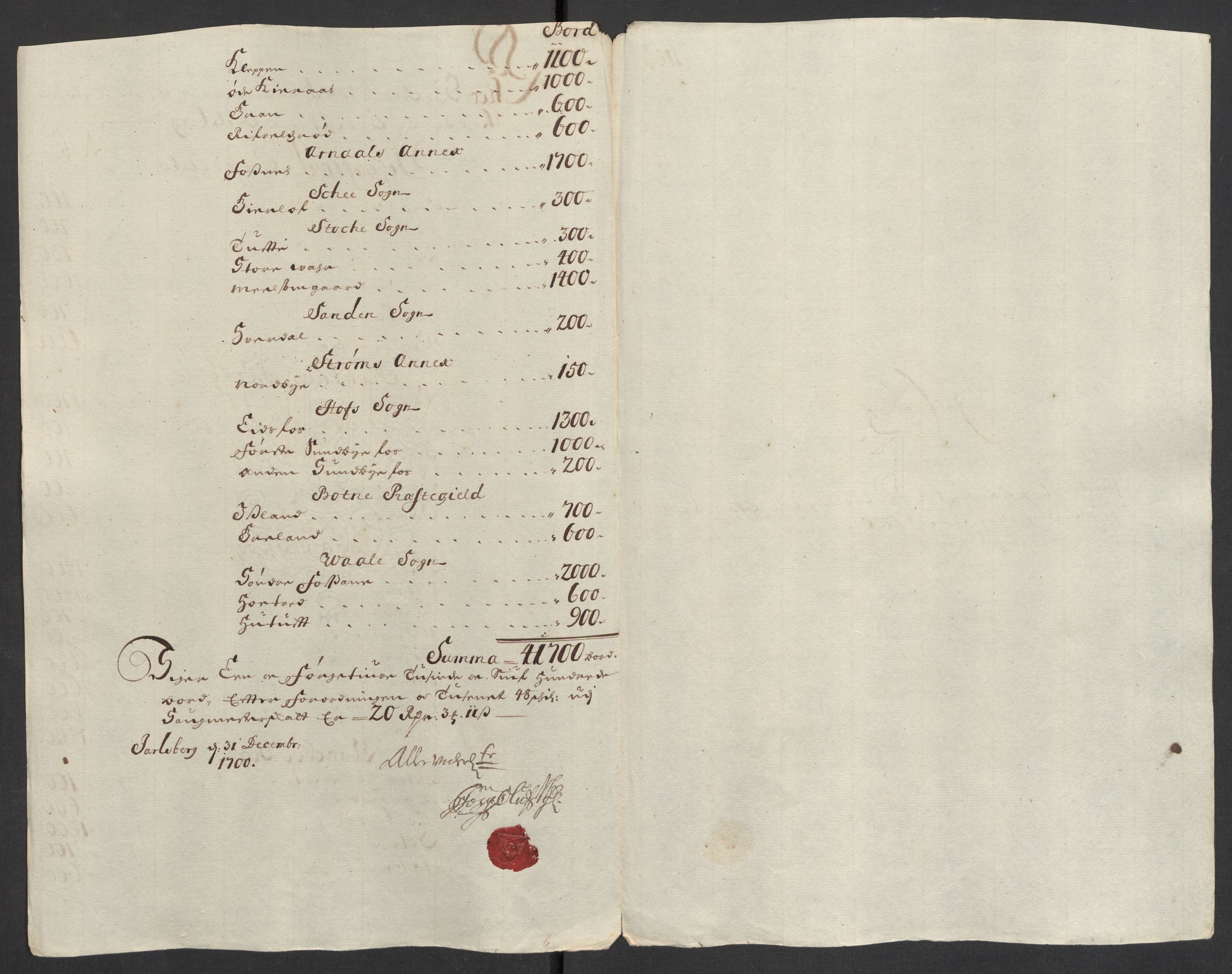 Rentekammeret inntil 1814, Reviderte regnskaper, Fogderegnskap, AV/RA-EA-4092/R32/L1869: Fogderegnskap Jarlsberg grevskap, 1700-1701, s. 27