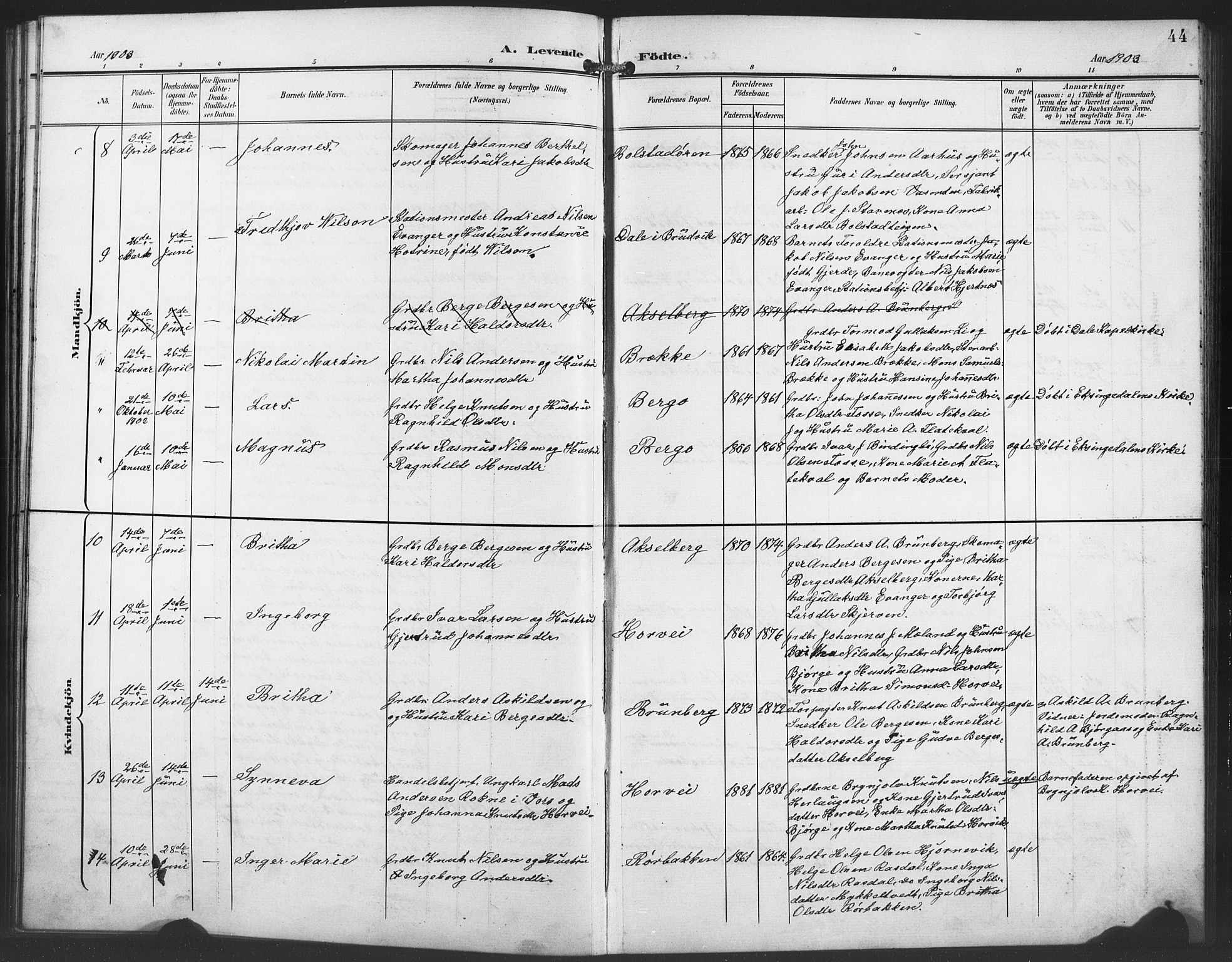Evanger sokneprestembete, AV/SAB-A-99924: Klokkerbok nr. A 5, 1897-1917, s. 44