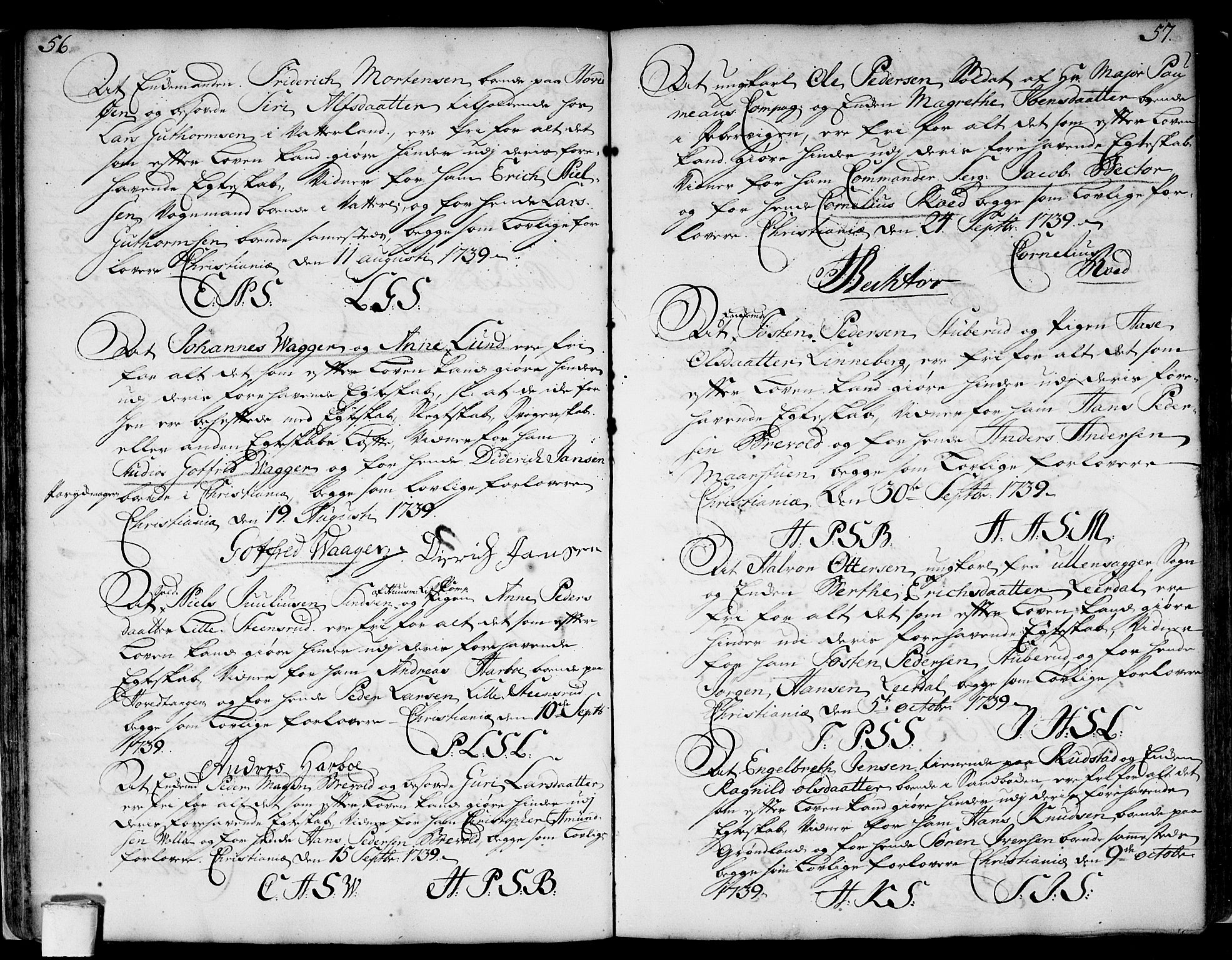 Aker prestekontor kirkebøker, SAO/A-10861/L/L0002: Forlovererklæringer nr. 2, 1734-1773, s. 56-57