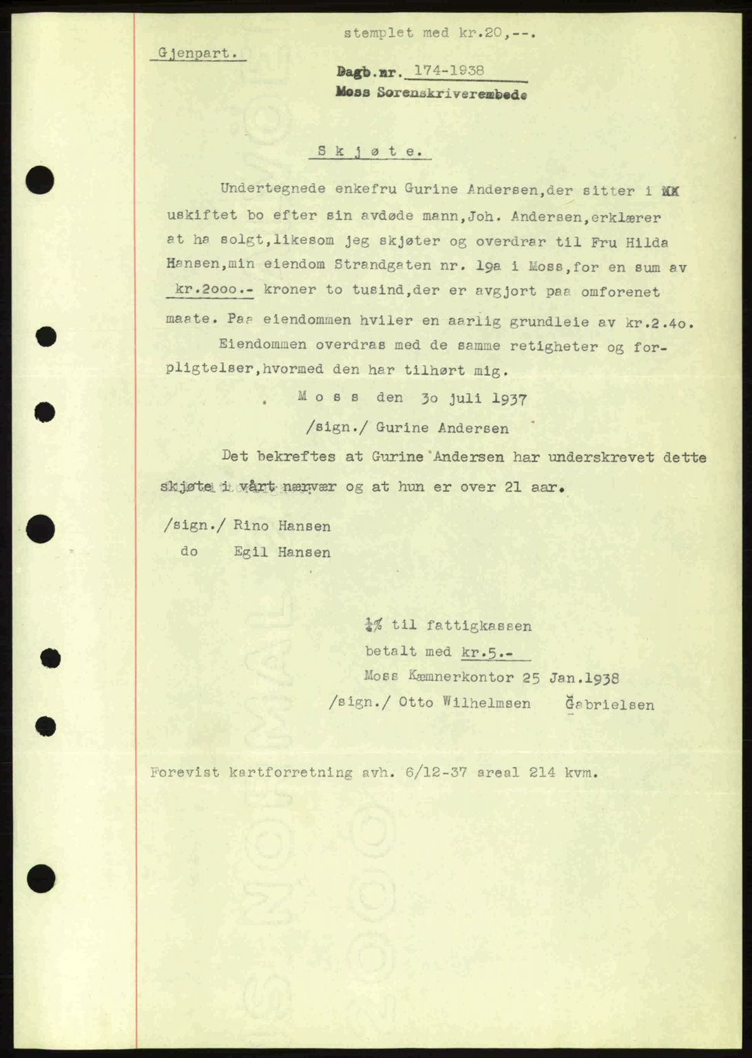 Moss sorenskriveri, SAO/A-10168: Pantebok nr. A3, 1937-1938, Dagboknr: 174/1938