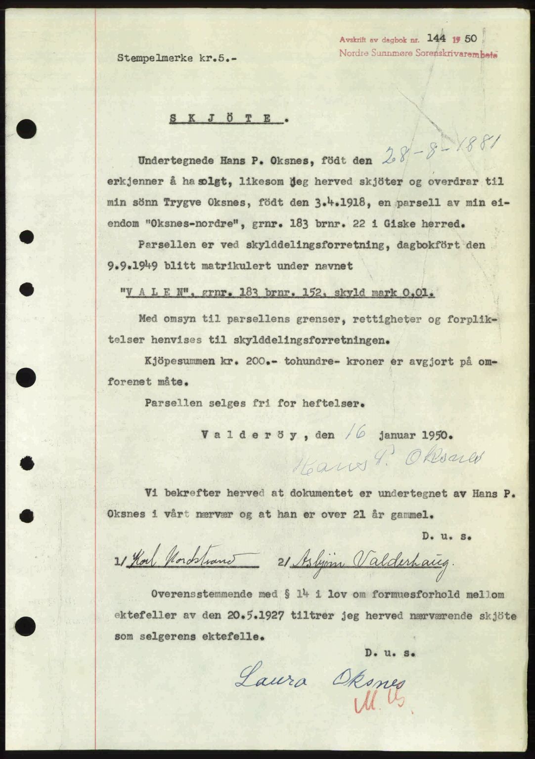 Nordre Sunnmøre sorenskriveri, SAT/A-0006/1/2/2C/2Ca: Pantebok nr. A33, 1949-1950, Dagboknr: 144/1950