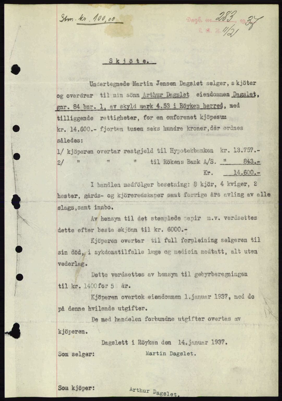 Lier, Røyken og Hurum sorenskriveri, SAKO/A-89/G/Ga/Gab/L0056: Pantebok nr. 56, 1937-1937, Dagboknr: 283/1937