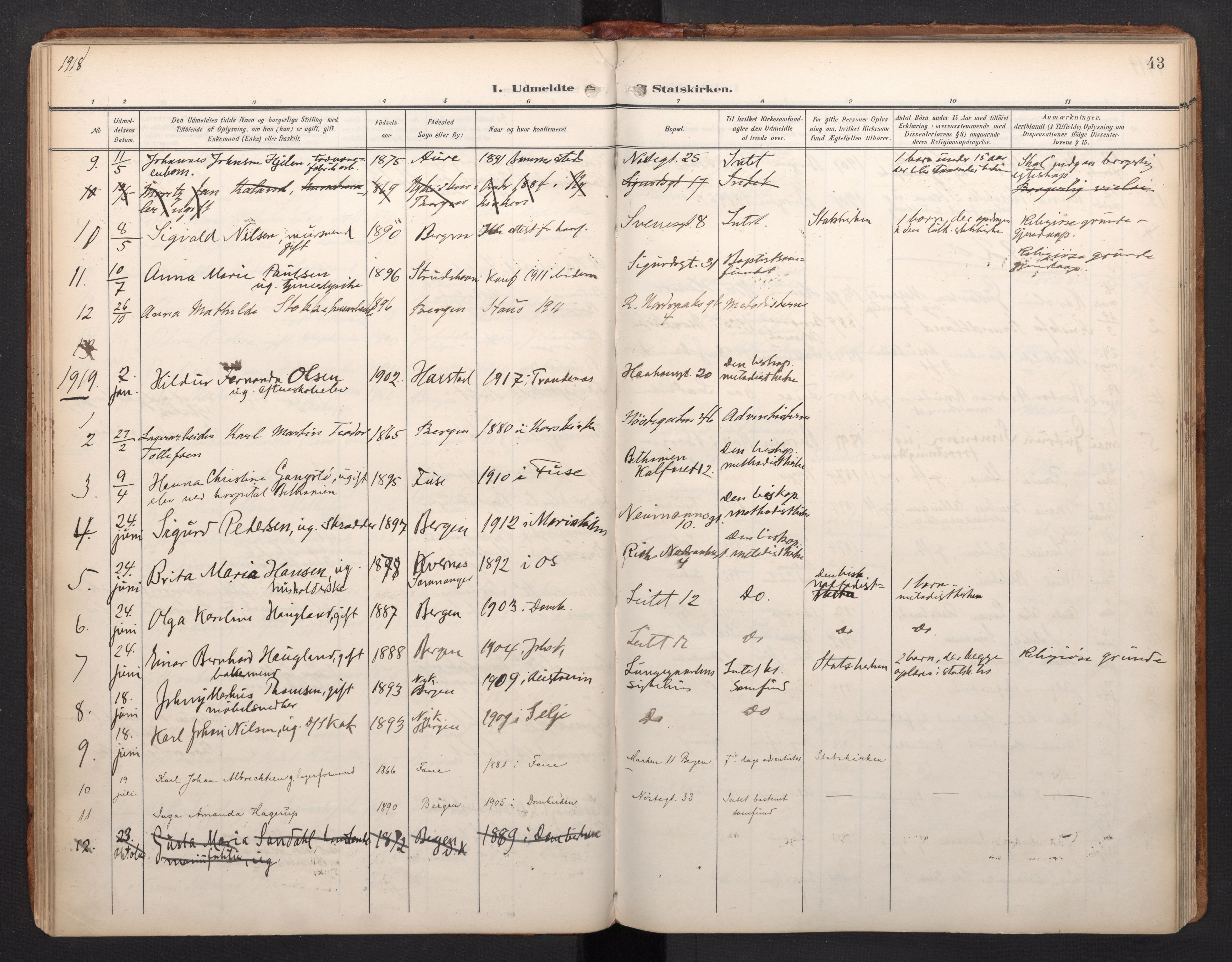 Domkirken sokneprestembete, AV/SAB-A-74801/H/Haa: Ministerialbok nr. I 2, 1909-2002, s. 42b-43a