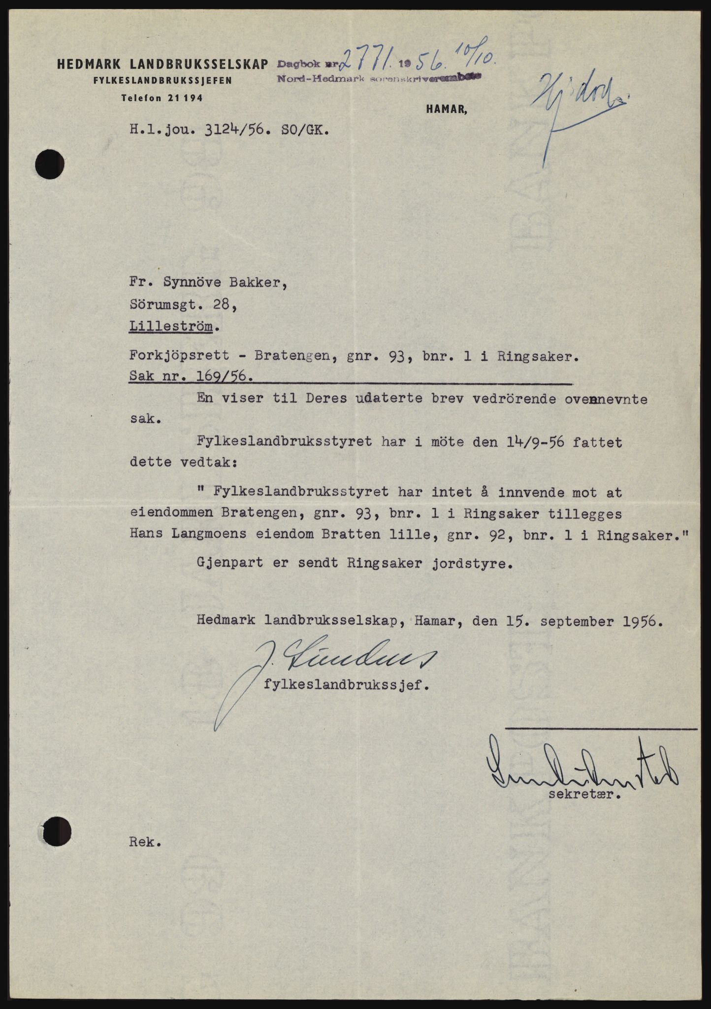 Nord-Hedmark sorenskriveri, SAH/TING-012/H/Hc/L0011: Pantebok nr. 11, 1956-1957, Dagboknr: 2771/1956