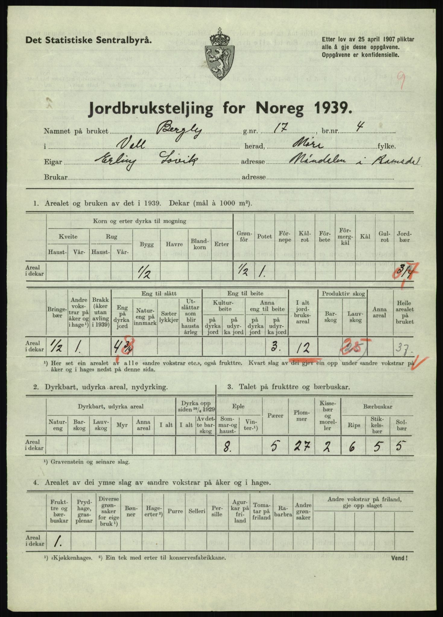 Statistisk sentralbyrå, Næringsøkonomiske emner, Jordbruk, skogbruk, jakt, fiske og fangst, AV/RA-S-2234/G/Gb/L0251: Møre og Romsdal: Voll, Eid, Grytten og Hen, 1939, s. 81