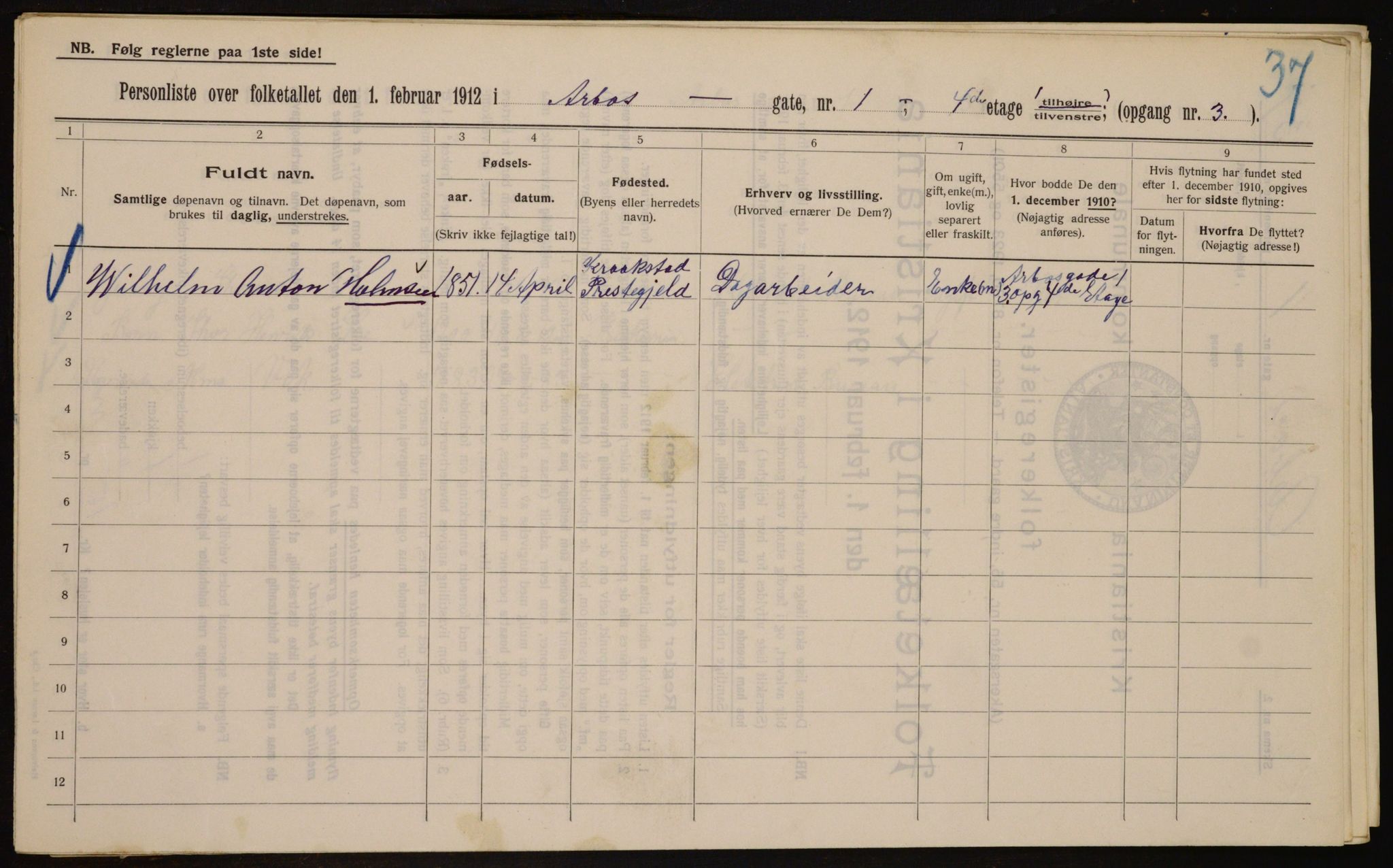 OBA, Kommunal folketelling 1.2.1912 for Kristiania, 1912, s. 1662