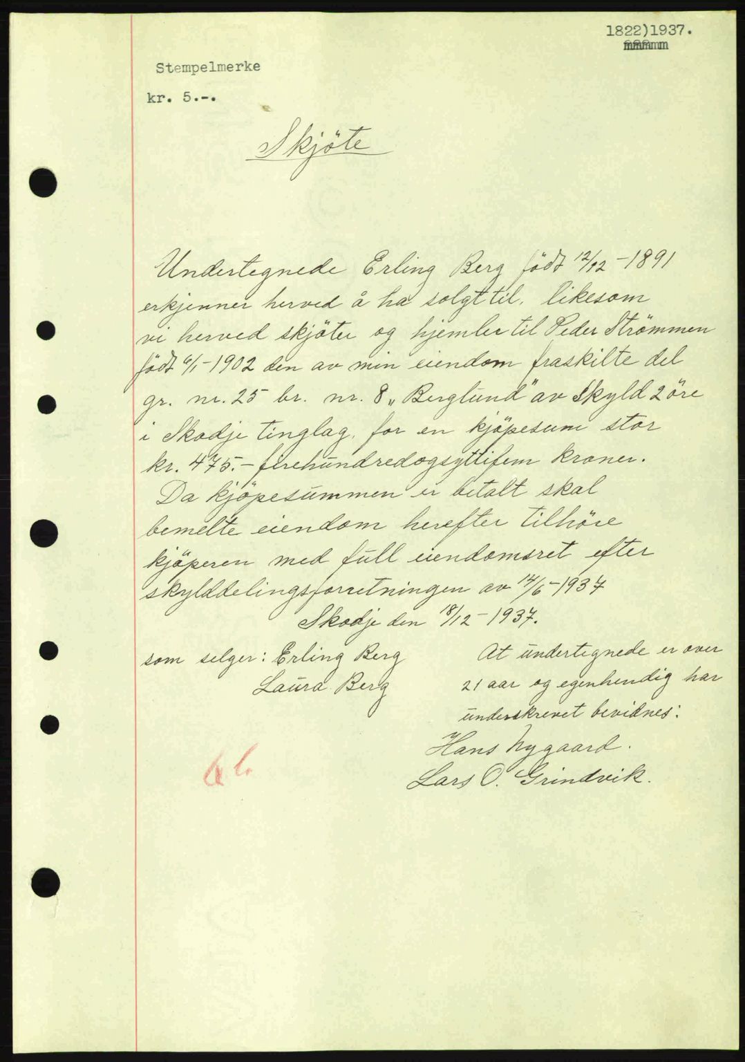 Nordre Sunnmøre sorenskriveri, AV/SAT-A-0006/1/2/2C/2Ca: Pantebok nr. A4, 1937-1938, Dagboknr: 1822/1937