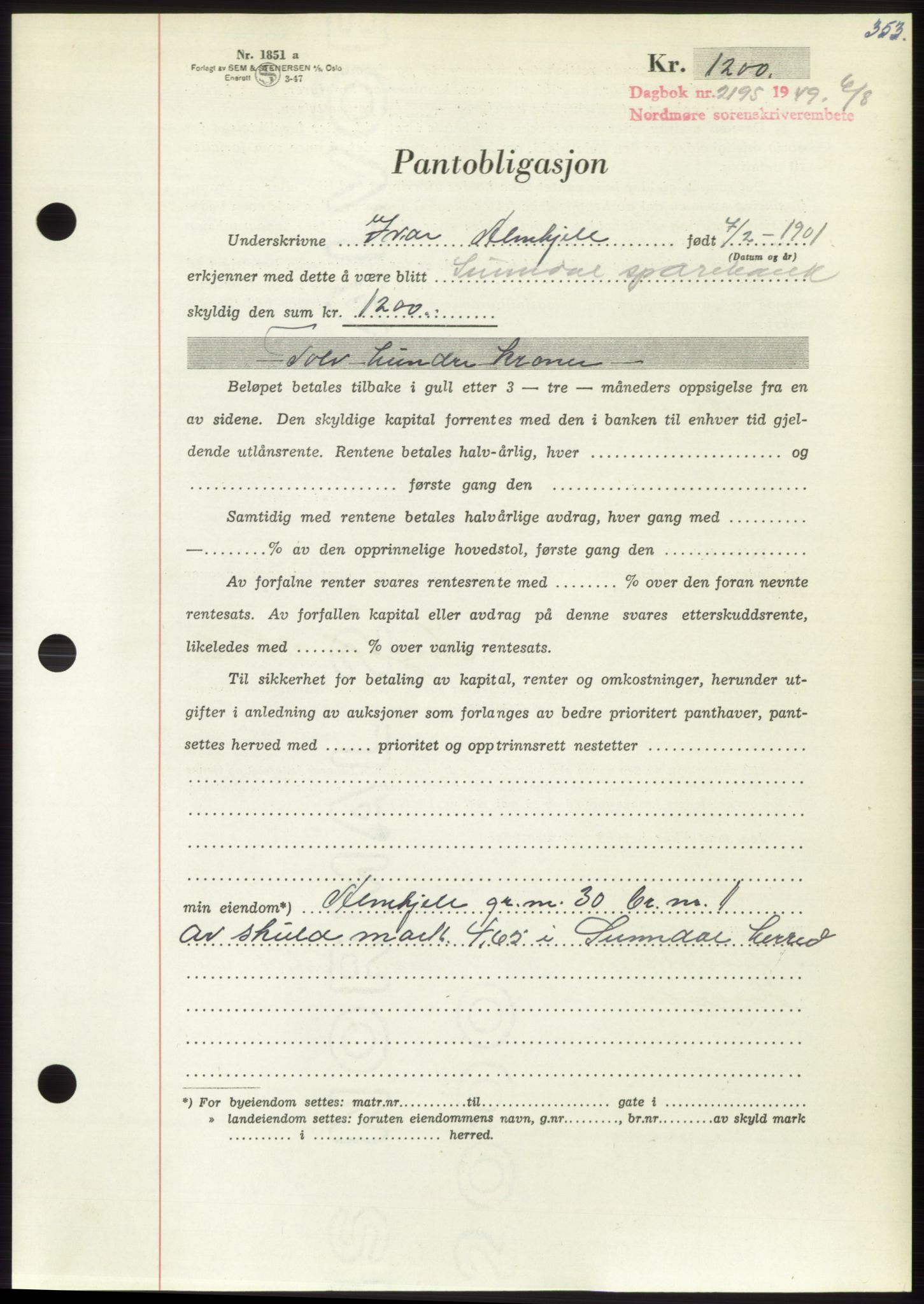 Nordmøre sorenskriveri, AV/SAT-A-4132/1/2/2Ca: Pantebok nr. B102, 1949-1949, Dagboknr: 2195/1949