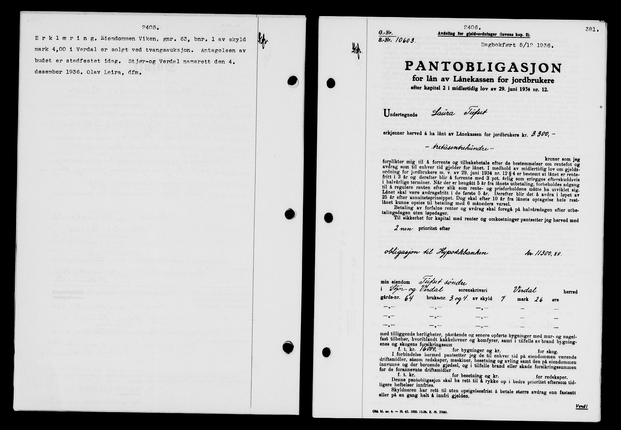 Stjør- og Verdal sorenskriveri, SAT/A-4167/1/2/2C/L0078: Pantebok nr. 46, 1936-1937, Dagboknr: 2406/1936