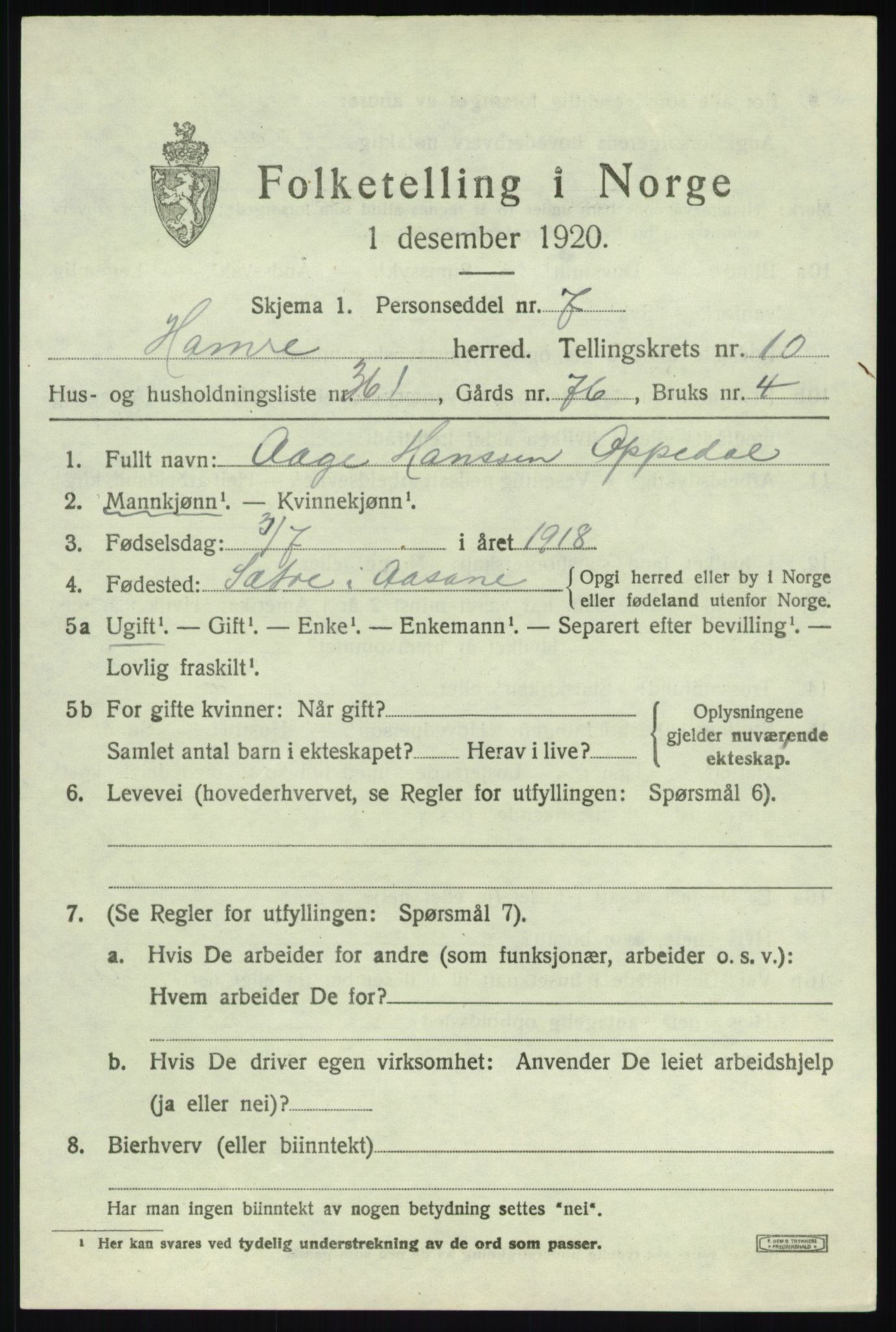 SAB, Folketelling 1920 for 1254 Hamre herred, 1920, s. 6257