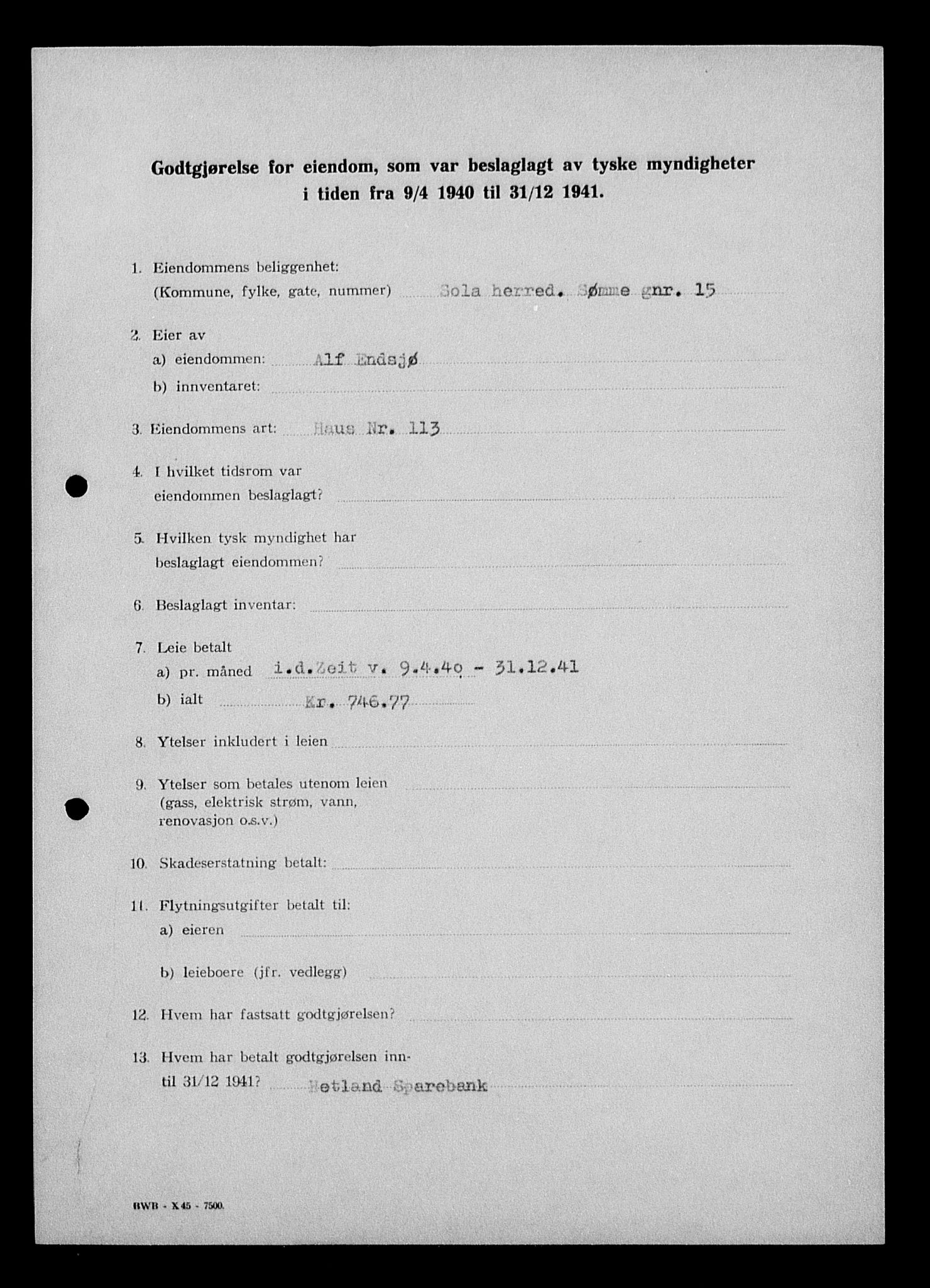 Justisdepartementet, Tilbakeføringskontoret for inndratte formuer, AV/RA-S-1564/I/L1014: Godtgjørelse for beslaglagt eiendom, 1940-1941, s. 236