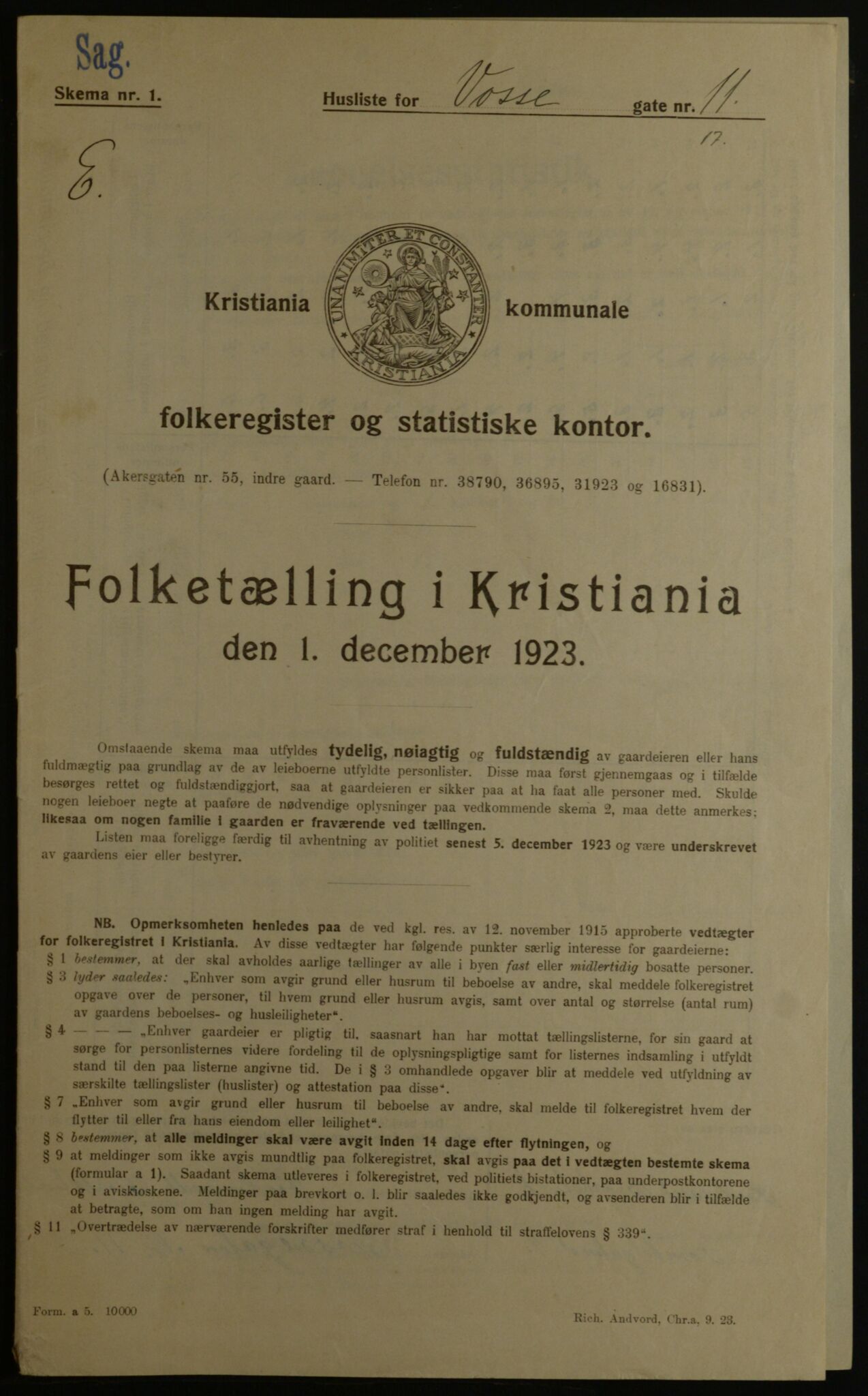 OBA, Kommunal folketelling 1.12.1923 for Kristiania, 1923, s. 138505