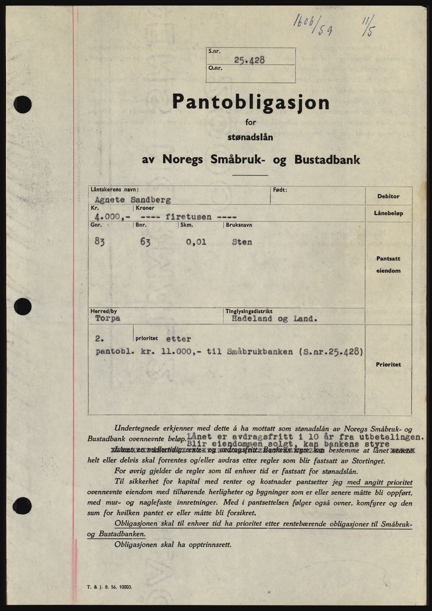 Hadeland og Land tingrett, SAH/TING-010/H/Hb/Hbc/L0040: Pantebok nr. B40, 1959-1959, Dagboknr: 1606/1959