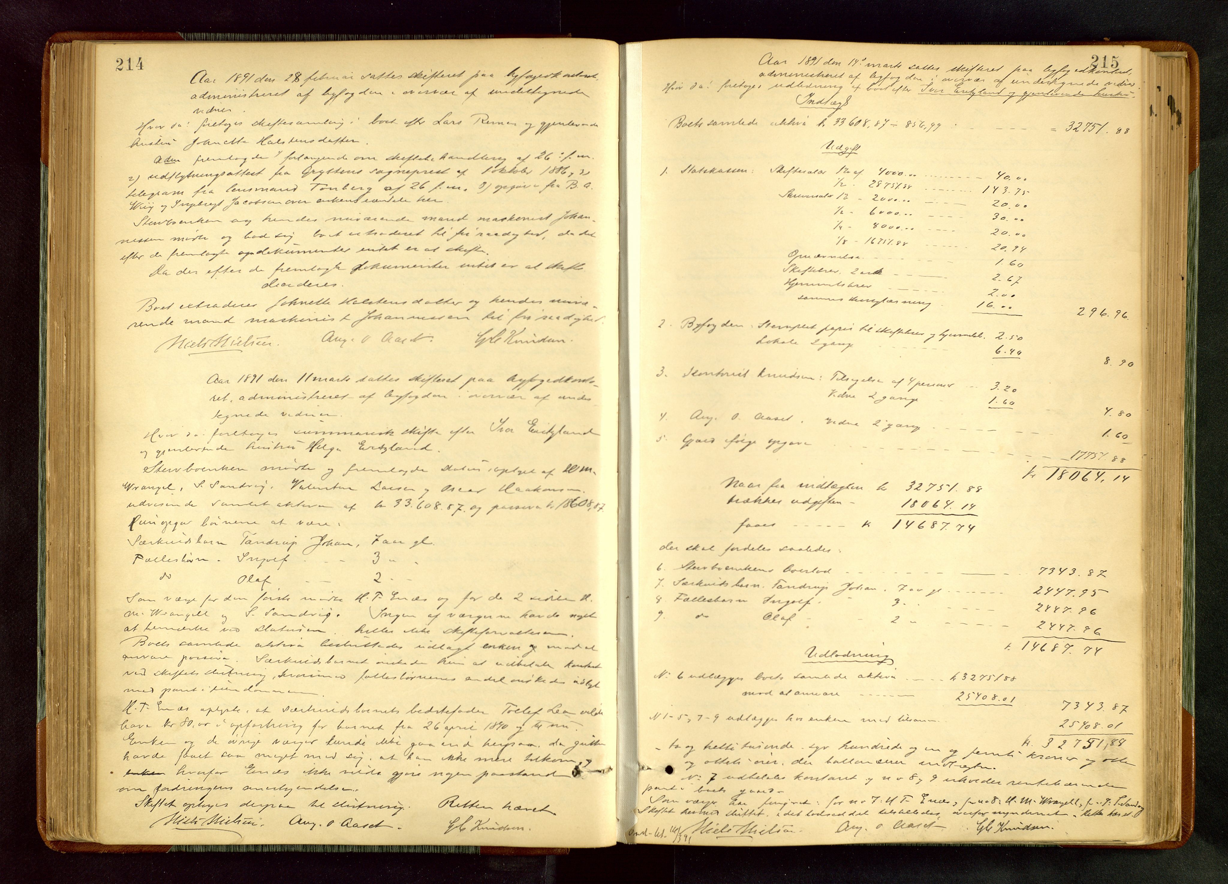 Haugesund tingrett, SAST/A-101415/01/IV/IVA/L0005: Skifteprotokoll med register, 1887-1900, s. 214-215