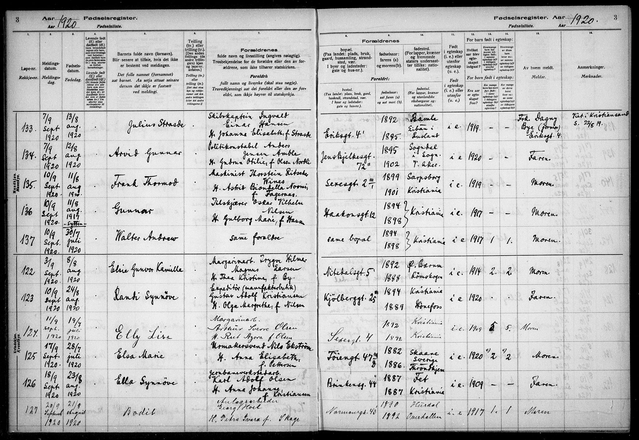 Kampen prestekontor Kirkebøker, AV/SAO-A-10853/J/Ja/L0002: Fødselsregister nr. 2, 1920-1935, s. 3