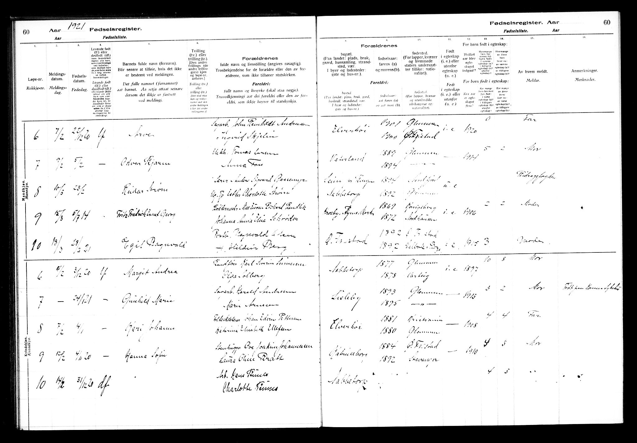 Østre Fredrikstad prestekontor Kirkebøker, AV/SAO-A-10907/J/Ja/L0001: Fødselsregister nr. 1, 1916-1936, s. 60