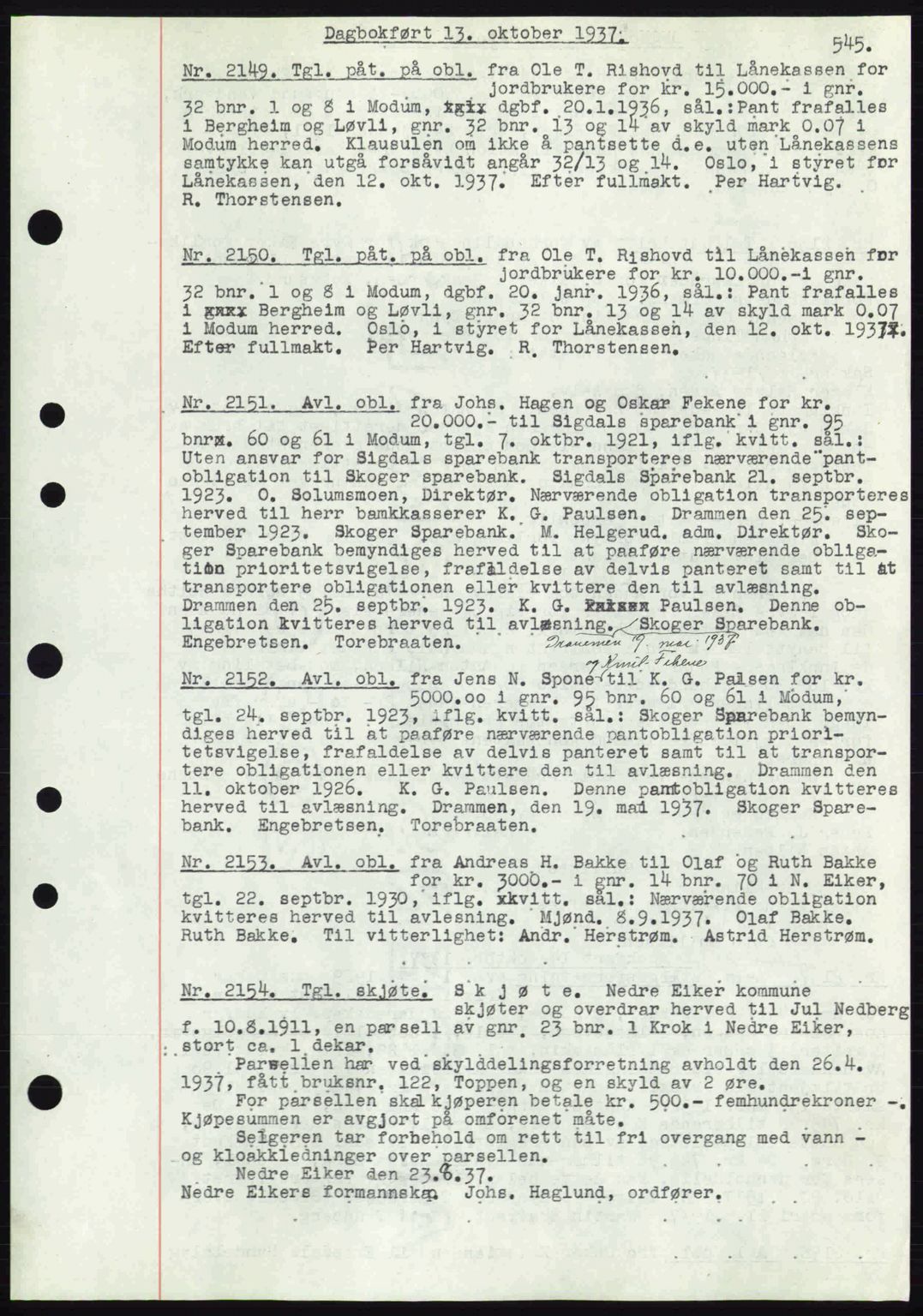 Eiker, Modum og Sigdal sorenskriveri, SAKO/A-123/G/Ga/Gab/L0036: Pantebok nr. A6, 1937-1937, Dagboknr: 2149/1937
